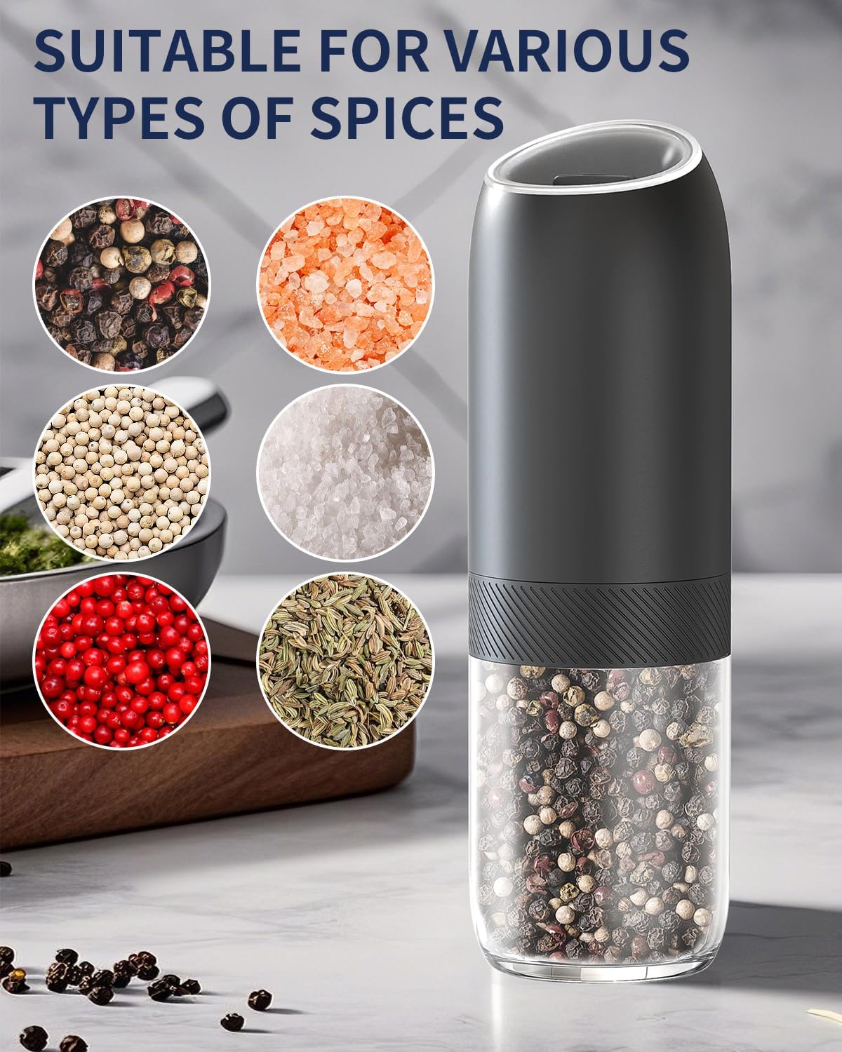 CIRCLE JOY Gravity Electric Salt and Pepper Grinder Set Automatic Salt and Pepper Grinder Set with LED Light, Battery Operated, Adjustable Coarseness, Large Capacity, for Home Kitchen BBQ, Black