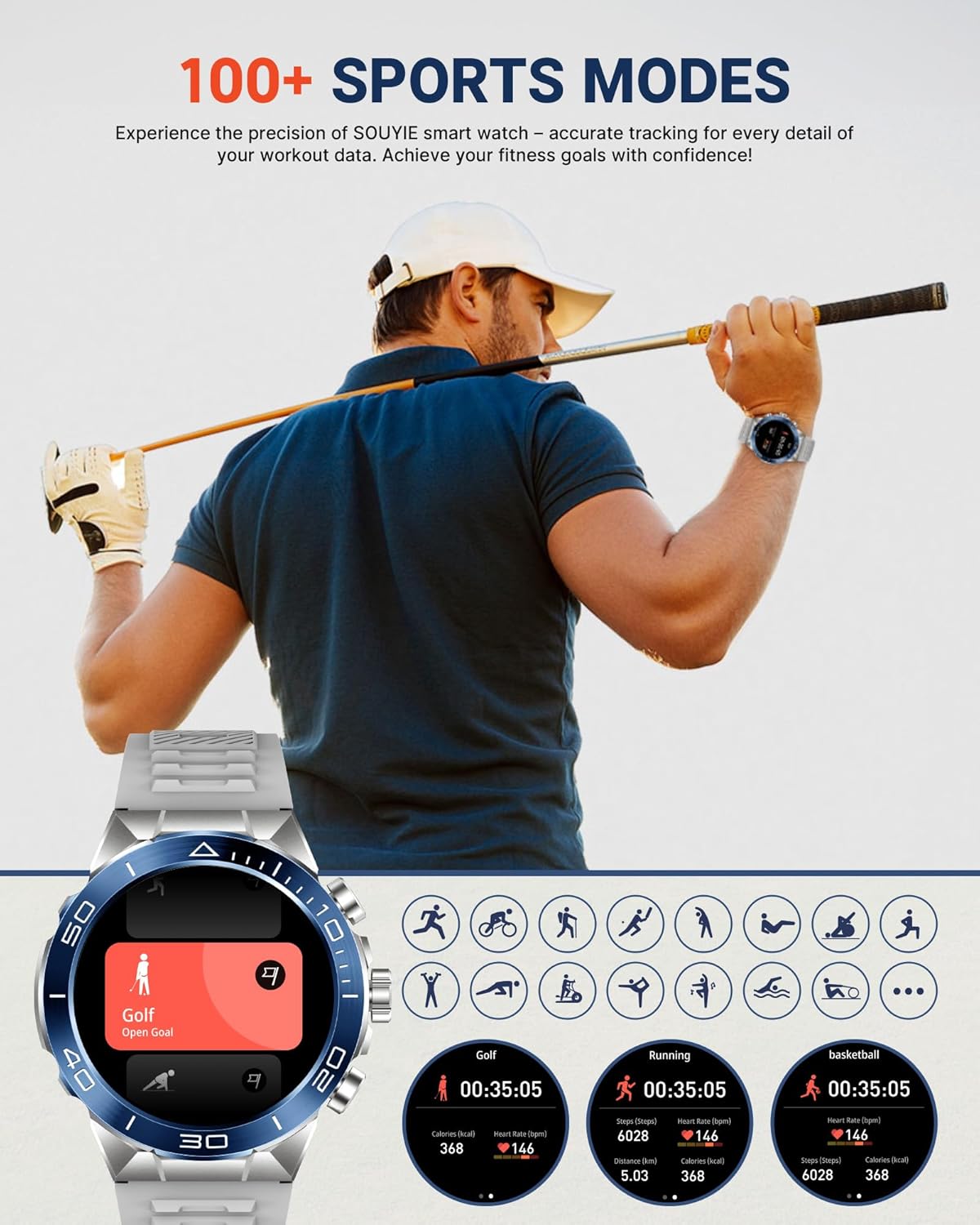 Smart Watch for Men Answer/Make Call for Android iPhone, 1.43" AMOLED HD Screen Men's Luxury Watch, 400mAh Heavy Duty Smartwatch Heart Rate Blood Oxygen Blood Pressure Sleep Monitor Pedometer, 2 Straps
