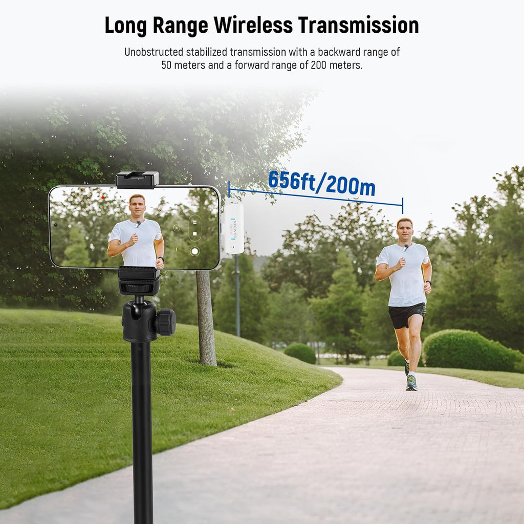 NEEWER KM19 Lightweight Wireless Lavalier Microphone, 48kHz/24bit 30H Battery 3-Level Noise Cancelling Mute Stereo 100m Range Mini Lav Mic with App Control, Compatible with iPhone Android Phone PC