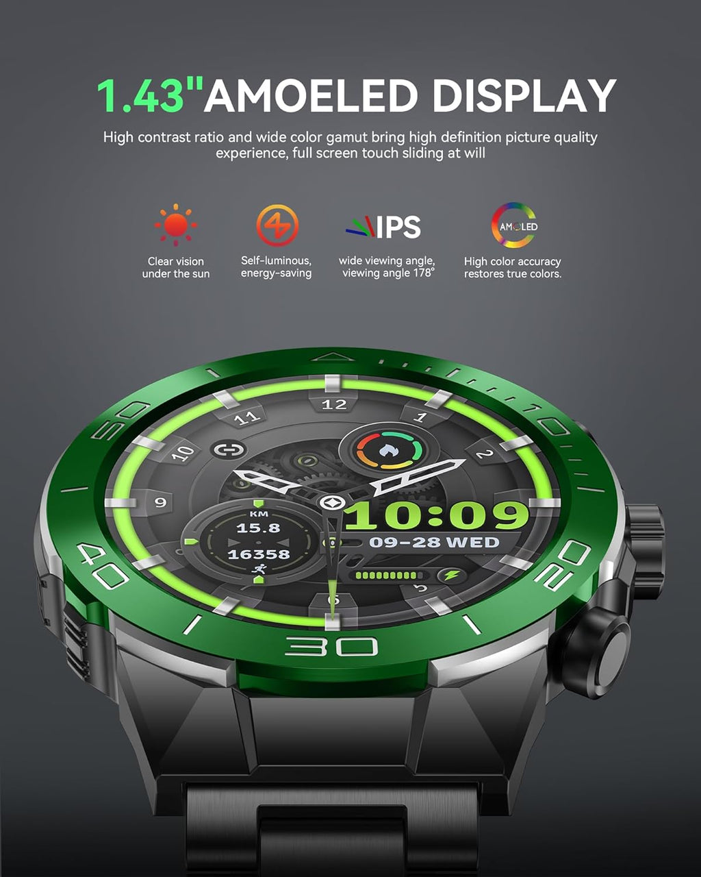 Smart Watch for Men Answer/Make Call for Android iPhone, 1.43" AMOLED HD Screen Men's Luxury Watch, 400mAh Heavy Duty Smartwatch Heart Rate Blood Oxygen Blood Pressure Sleep Monitor Pedometer, 2 Straps
