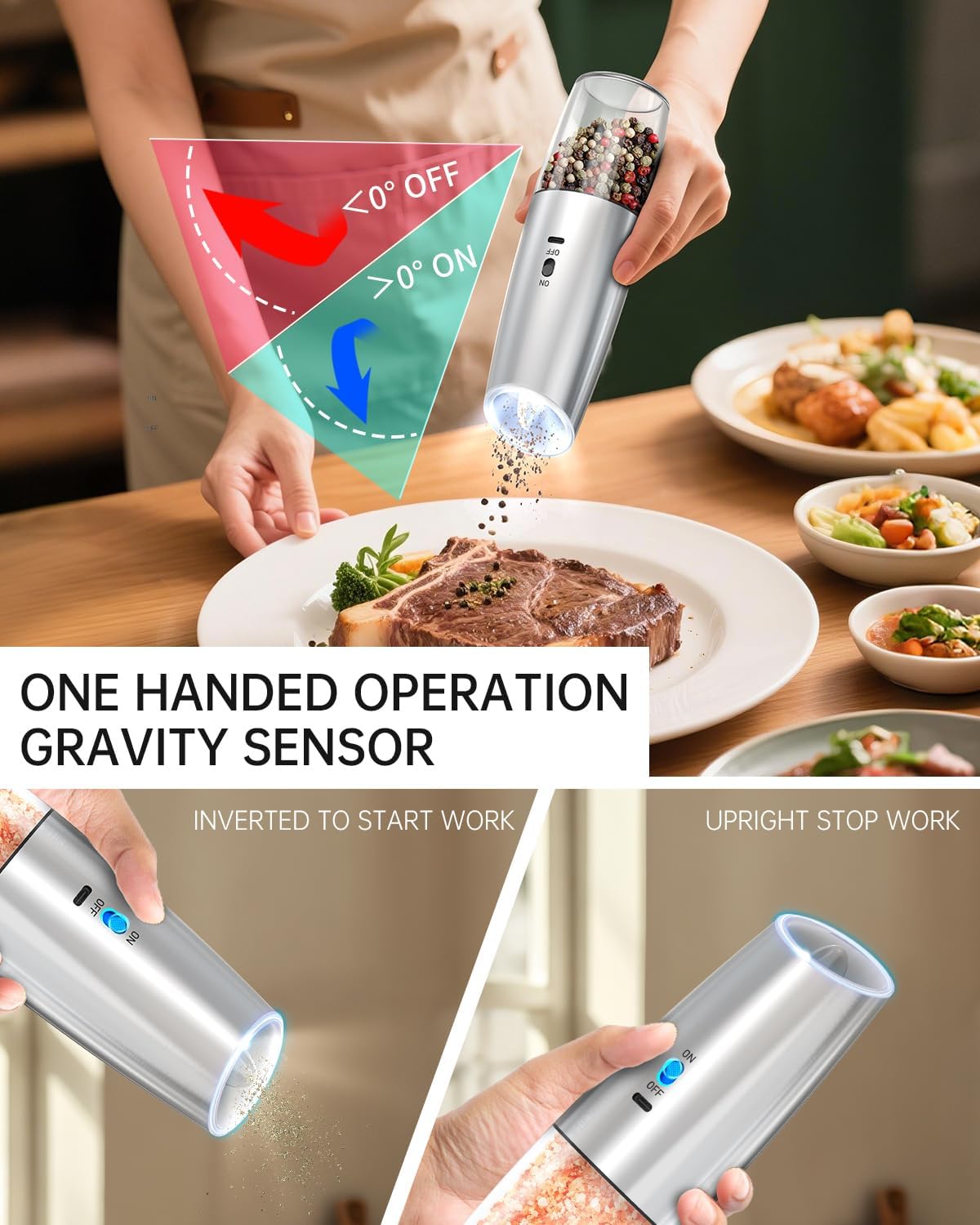 CIRCLE JOY Gravity Electric Salt and Pepper Grinder Set Automatic Salt and Pepper Grinder Set with LED Light, Battery Operated, Adjustable Coarseness, Large Capacity, for Home Kitchen BBQ, Black