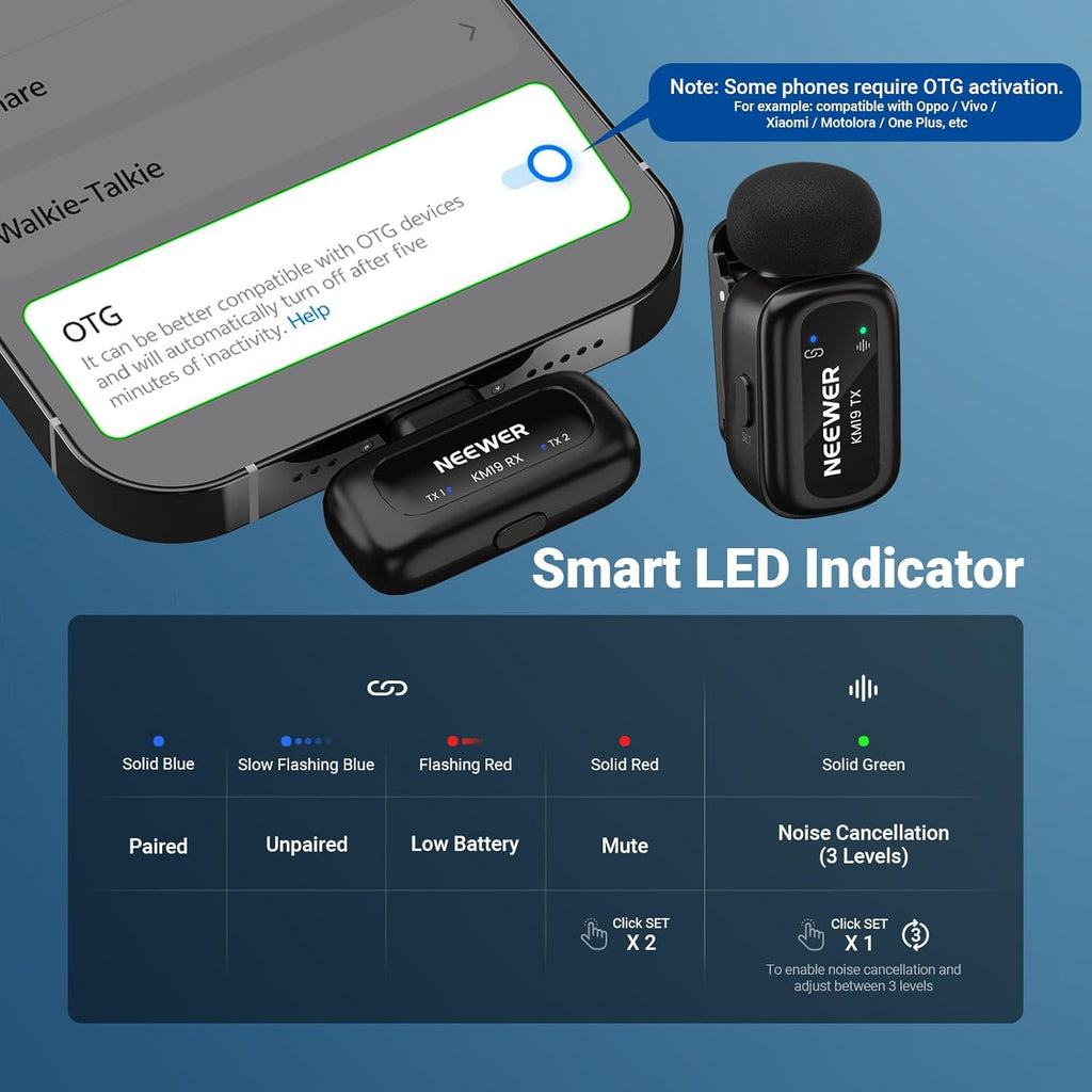 NEEWER KM19 Lightweight Wireless Lavalier Microphone, 48kHz/24bit 30H Battery 3-Level Noise Cancelling Mute Stereo 100m Range Mini Lav Mic with App Control, Compatible with iPhone Android Phone PC