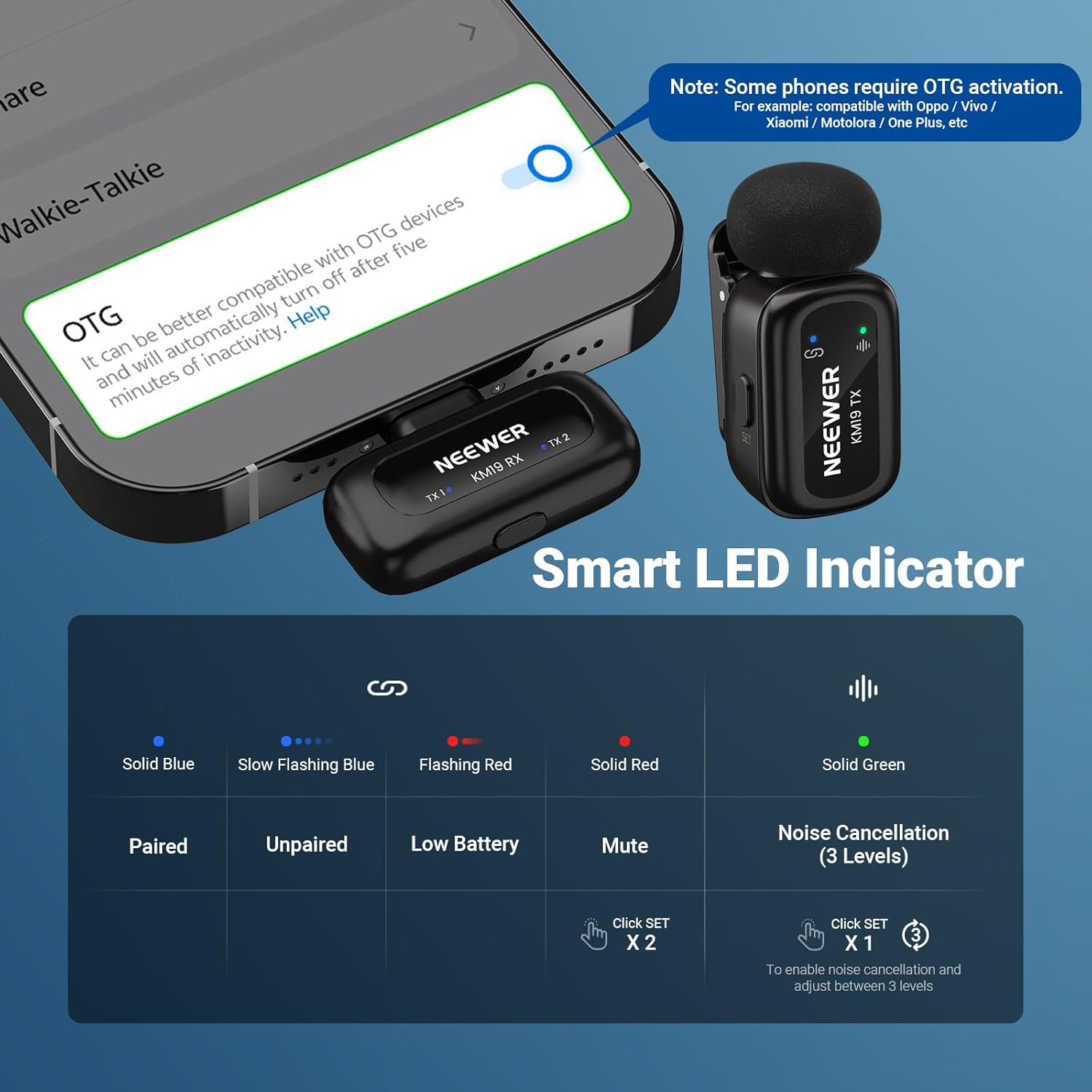 NEEWER KM19 Lightweight Wireless Lavalier Microphone, 48kHz/24bit 30H Battery 3-Level Noise Cancelling Mute Stereo 100m Range Mini Lav Mic with App Control, Compatible with iPhone Android Phone PC