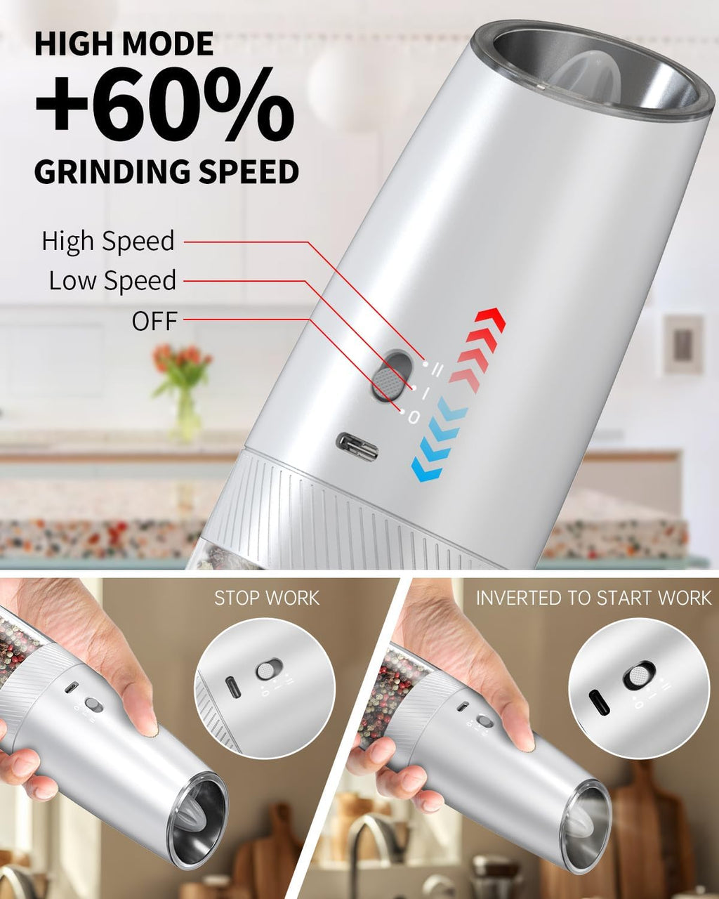 CIRCLE JOY Gravity Electric Salt and Pepper Grinder Set Automatic Salt and Pepper Grinder Set with LED Light, Battery Operated, Adjustable Coarseness, Large Capacity, for Home Kitchen BBQ, Black