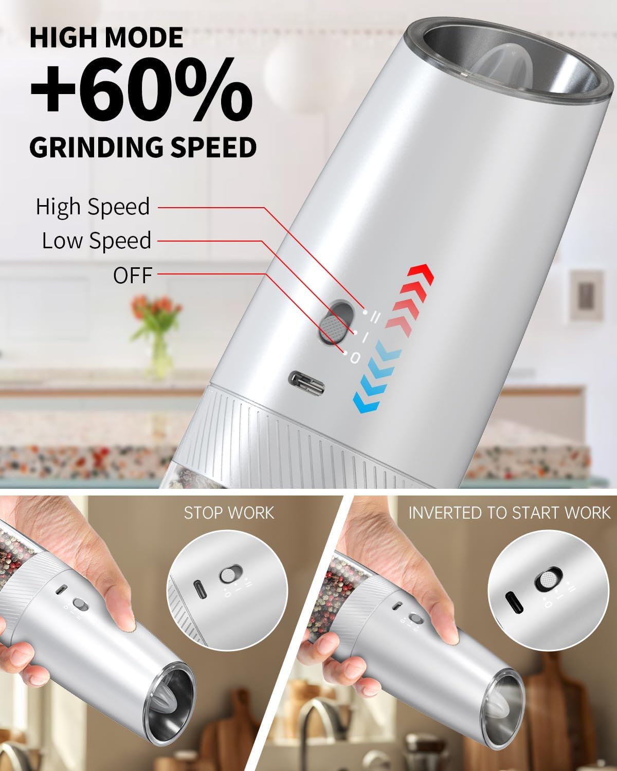 CIRCLE JOY Gravity Electric Salt and Pepper Grinder Set Automatic Salt and Pepper Grinder Set with LED Light, Battery Operated, Adjustable Coarseness, Large Capacity, for Home Kitchen BBQ, Black