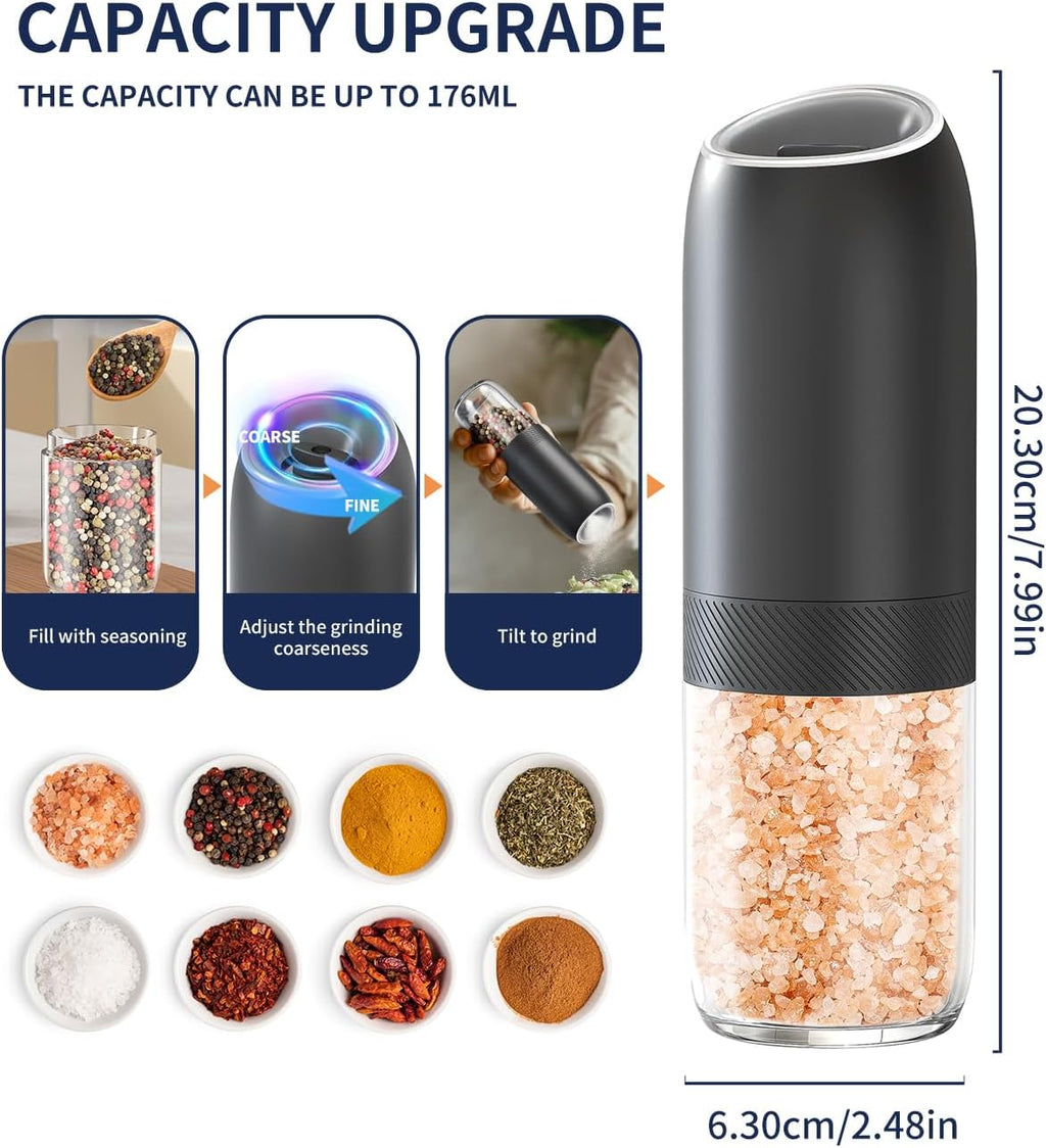 CIRCLE JOY Gravity Electric Salt and Pepper Grinder Set Automatic Salt and Pepper Grinder Set with LED Light, Battery Operated, Adjustable Coarseness, Large Capacity, for Home Kitchen BBQ, Black