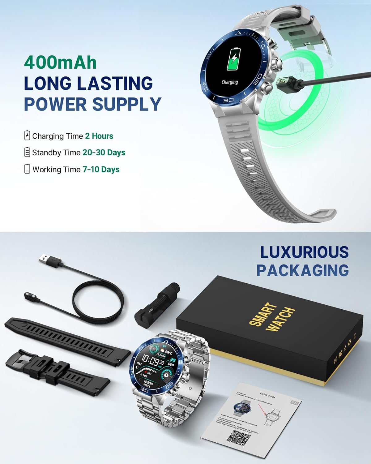Smart Watch for Men Answer/Make Call for Android iPhone, 1.43" AMOLED HD Screen Men's Luxury Watch, 400mAh Heavy Duty Smartwatch Heart Rate Blood Oxygen Blood Pressure Sleep Monitor Pedometer, 2 Straps