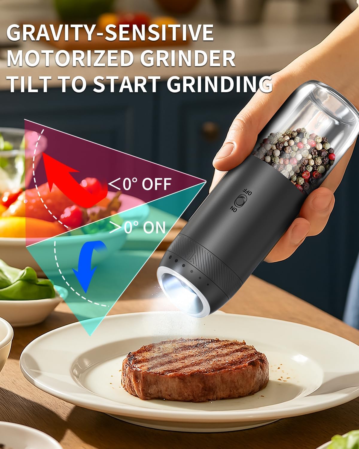 CIRCLE JOY Gravity Electric Salt and Pepper Grinder Set Automatic Salt and Pepper Grinder Set with LED Light, Battery Operated, Adjustable Coarseness, Large Capacity, for Home Kitchen BBQ, Black
