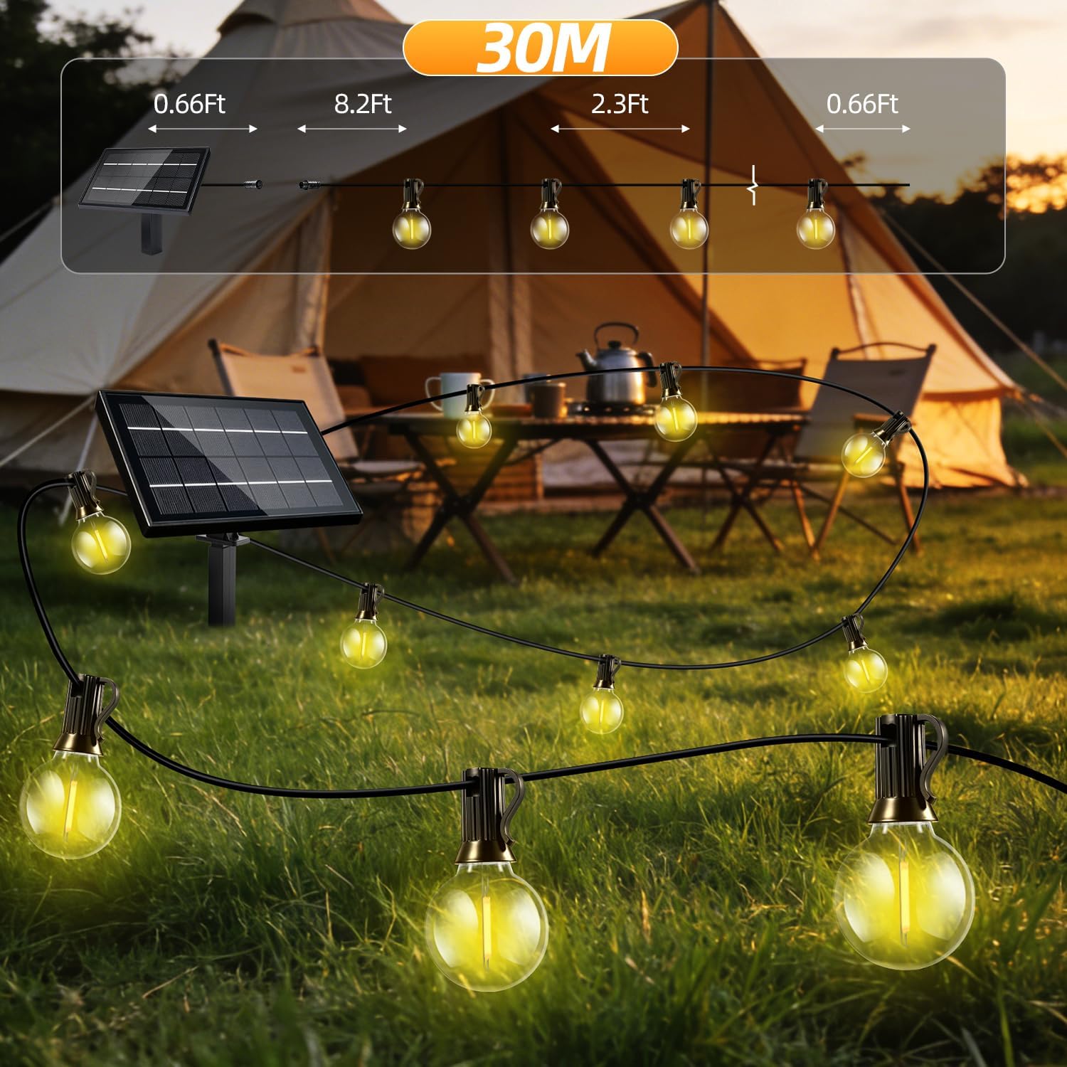 100FT Solar Lights Outdoor Waterproof: G40 30M Shatterproof Bulbs Patio Lights - Solar Powered Remote Control 3 Light Modes Dimmable Solar Light - Camping Backyard Garden Deck Outside Yard