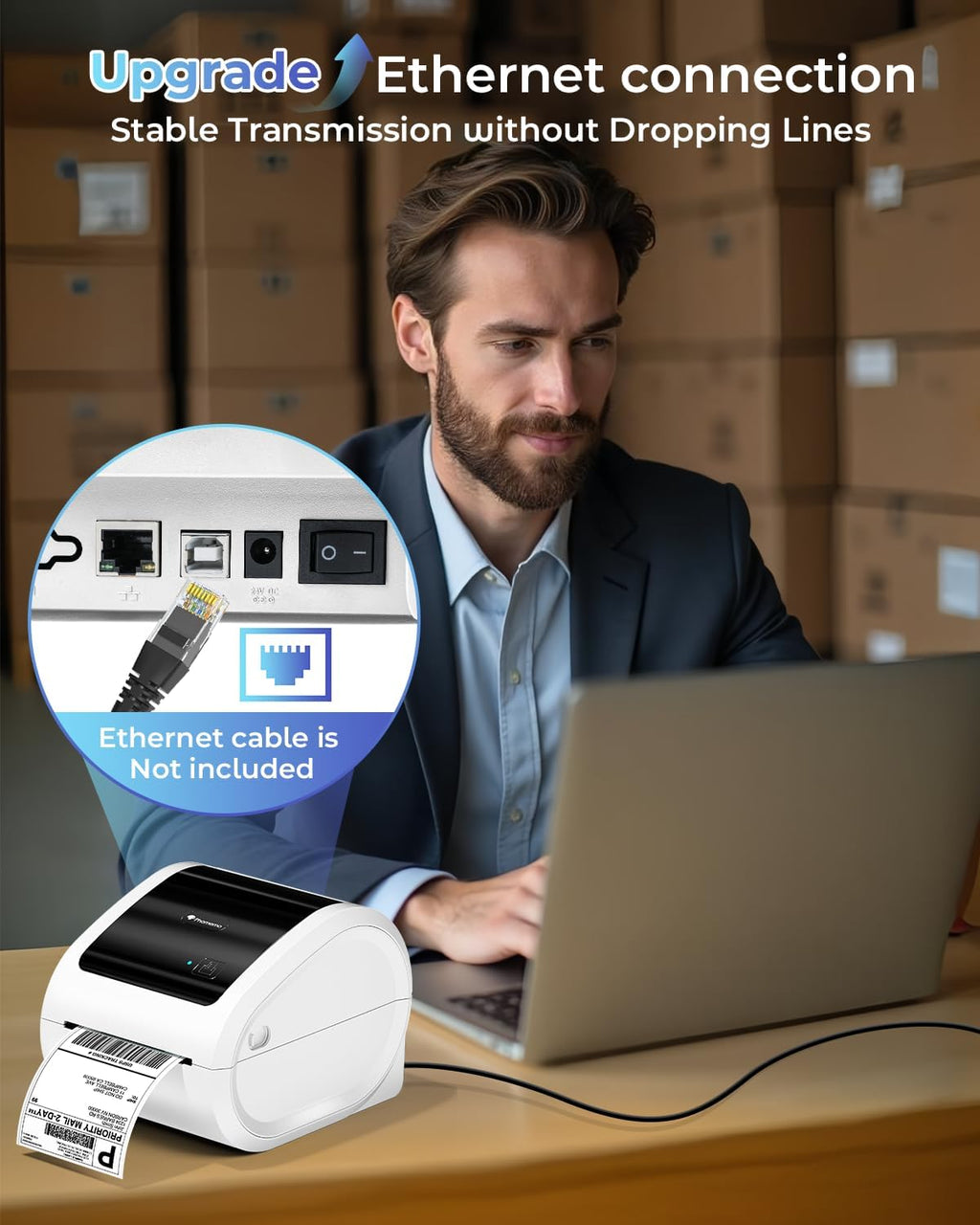 Phomemo Ethernet Thermal Label Printer 4x6, Bluetooth Shipping Label Printer for Small Business, Home, Office, 300DPI Wireless Thermal Printers Compatible with Ethernet/Bluetooth/USB, Etsy, USPS