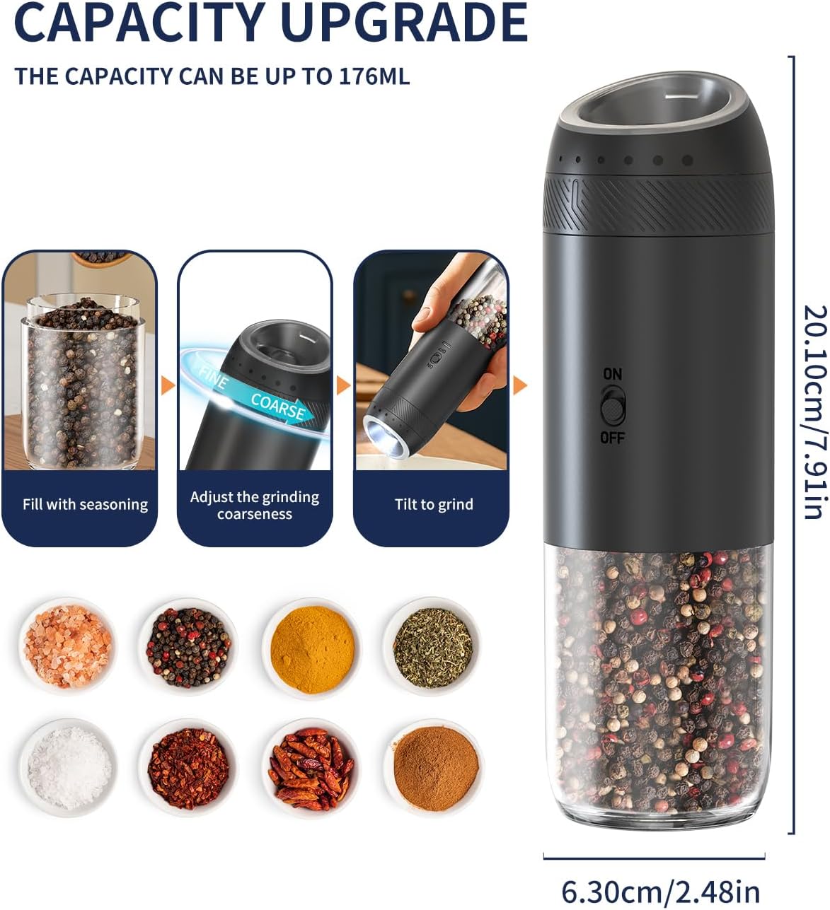 CIRCLE JOY Gravity Electric Salt and Pepper Grinder Set Automatic Salt and Pepper Grinder Set with LED Light, Battery Operated, Adjustable Coarseness, Large Capacity, for Home Kitchen BBQ, Black