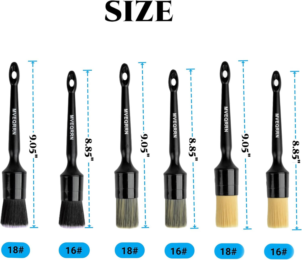 MVEQRRN 6pcs Car Detailing Brush Set - 2pcs Boar's Hair Car Detailing Brushes, 2pcs Ultra Soft No Scratch Detailing Brushes for Air Vent, Leather Seat, 2pcs Detail Brushes Car Detailing for Interior Exterior