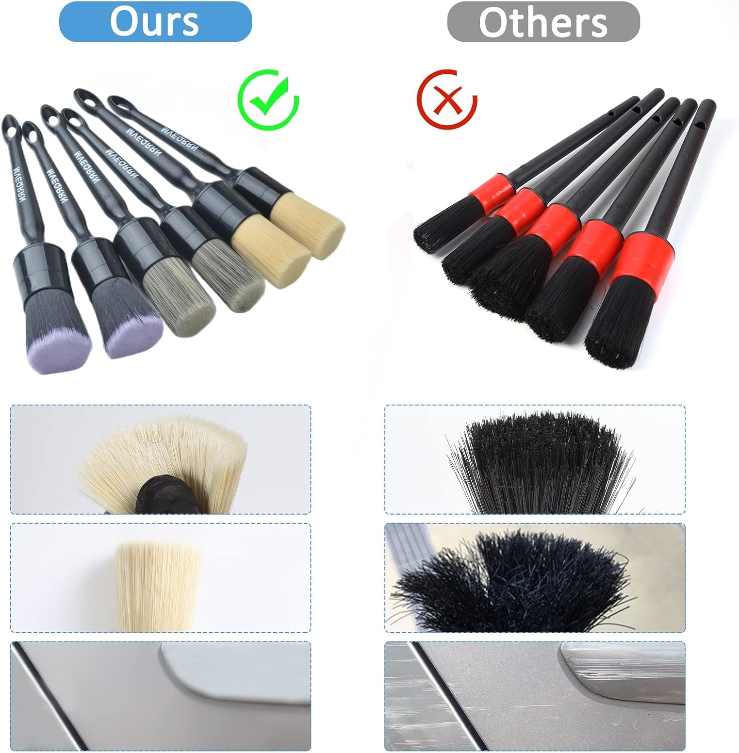 MVEQRRN 6pcs Car Detailing Brush Set - 2pcs Boar's Hair Car Detailing Brushes, 2pcs Ultra Soft No Scratch Detailing Brushes for Air Vent, Leather Seat, 2pcs Detail Brushes Car Detailing for Interior Exterior