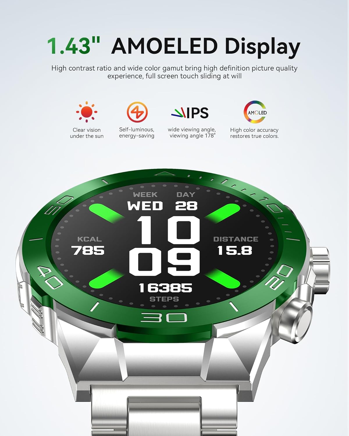 Smart Watch for Men Answer/Make Call for Android iPhone, 1.43" AMOLED HD Screen Men's Luxury Watch, 400mAh Heavy Duty Smartwatch Heart Rate Blood Oxygen Blood Pressure Sleep Monitor Pedometer, 2 Straps