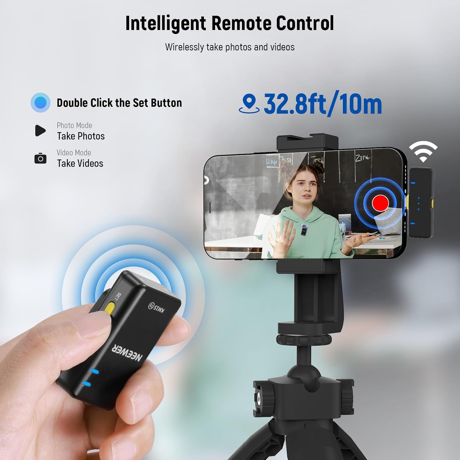 NEEWER KM19 Lightweight Wireless Lavalier Microphone, 48kHz/24bit 30H Battery 3-Level Noise Cancelling Mute Stereo 100m Range Mini Lav Mic with App Control, Compatible with iPhone Android Phone PC
