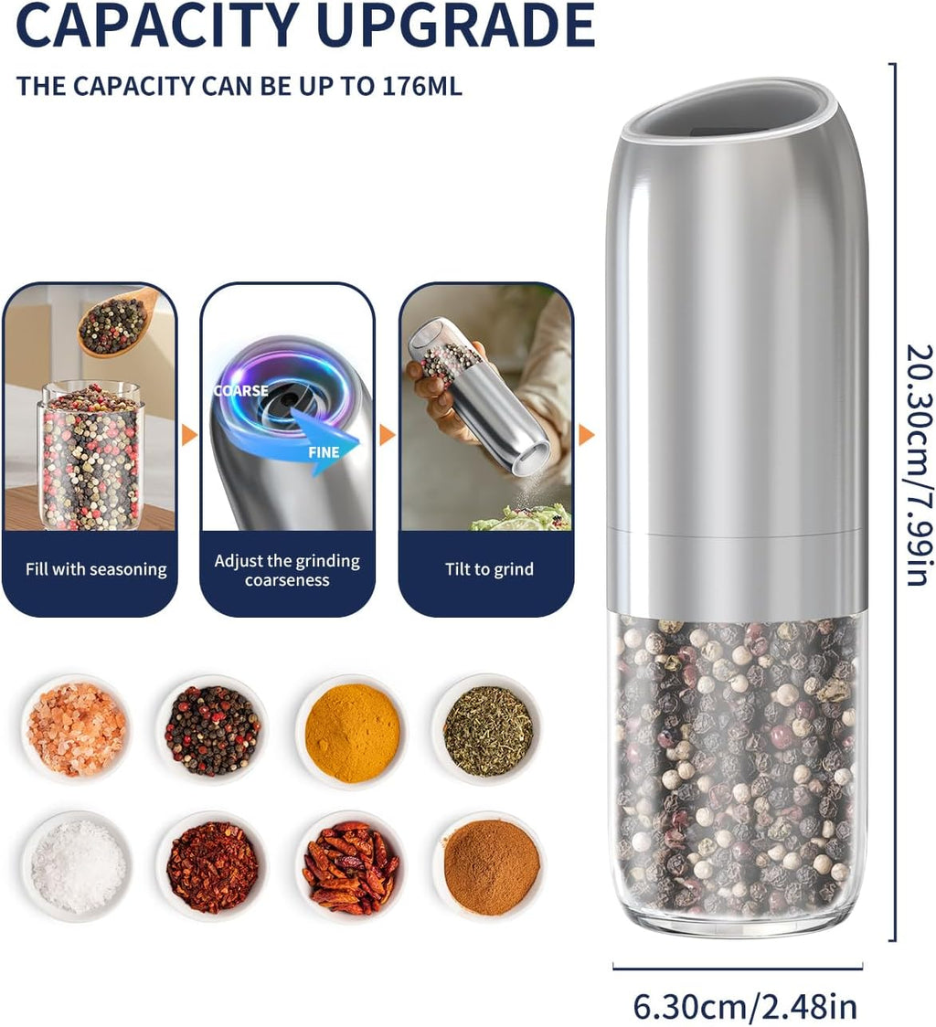 CIRCLE JOY Gravity Electric Salt and Pepper Grinder Set Automatic Salt and Pepper Grinder Set with LED Light, Battery Operated, Adjustable Coarseness, Large Capacity, for Home Kitchen BBQ, Black