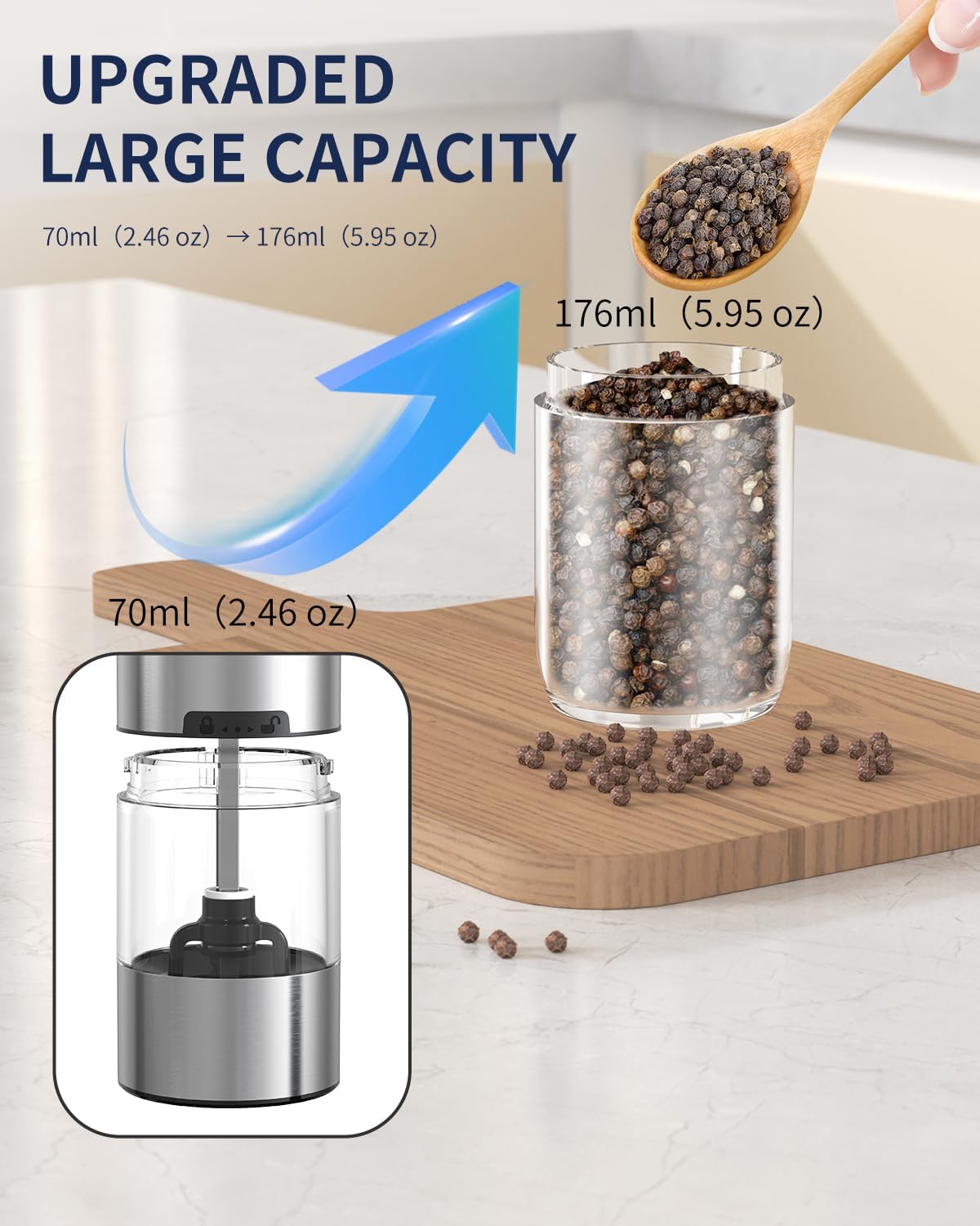 CIRCLE JOY Gravity Electric Salt and Pepper Grinder Set Automatic Salt and Pepper Grinder Set with LED Light, Battery Operated, Adjustable Coarseness, Large Capacity, for Home Kitchen BBQ, Black