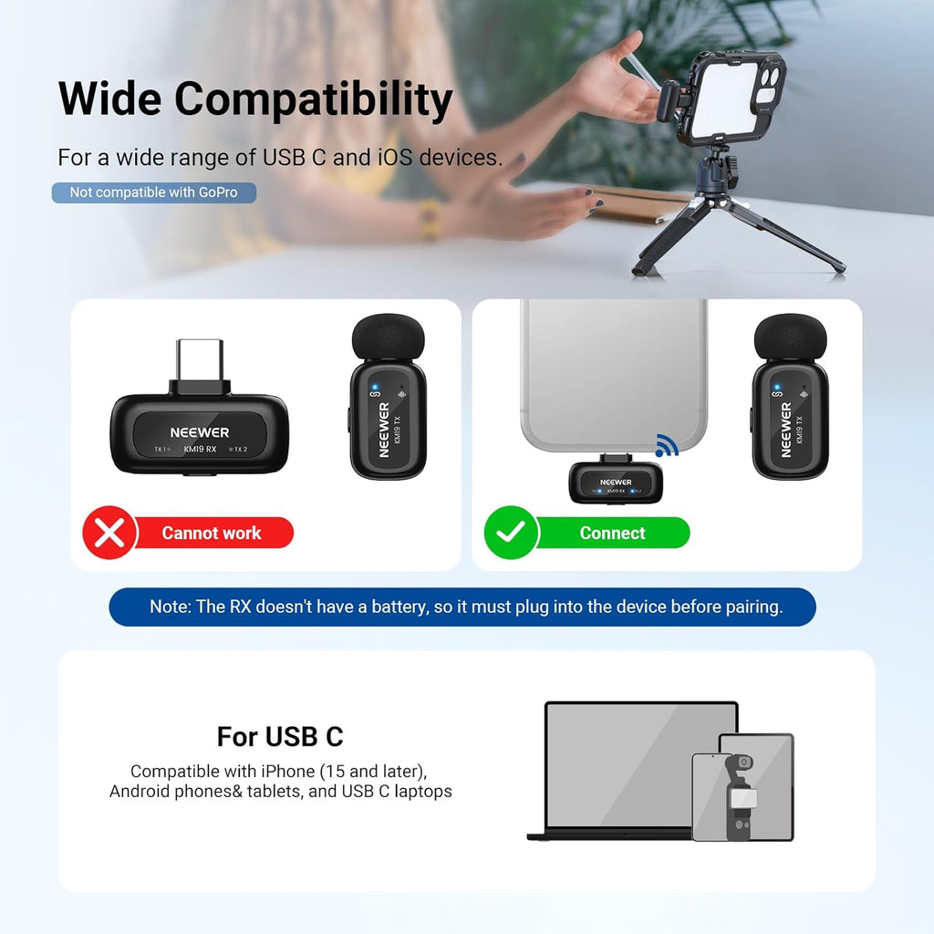 NEEWER KM19 Lightweight Wireless Lavalier Microphone, 48kHz/24bit 30H Battery 3-Level Noise Cancelling Mute Stereo 100m Range Mini Lav Mic with App Control, Compatible with iPhone Android Phone PC
