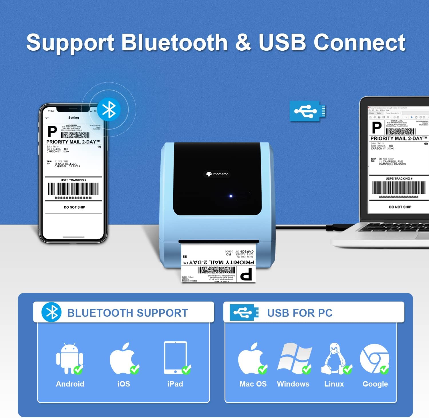 Phomemo Ethernet Thermal Label Printer 4x6, Bluetooth Shipping Label Printer for Small Business, Home, Office, 300DPI Wireless Thermal Printers Compatible with Ethernet/Bluetooth/USB, Etsy, USPS
