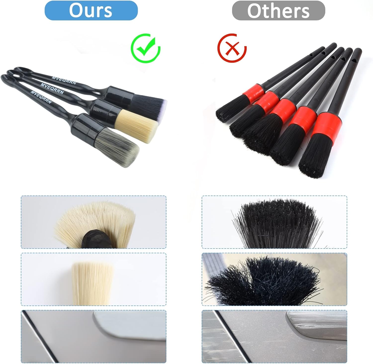 MVEQRRN 6pcs Car Detailing Brush Set - 2pcs Boar's Hair Car Detailing Brushes, 2pcs Ultra Soft No Scratch Detailing Brushes for Air Vent, Leather Seat, 2pcs Detail Brushes Car Detailing for Interior Exterior