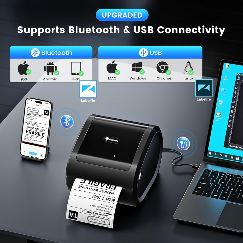 Phomemo Ethernet Thermal Label Printer 4x6, Bluetooth Shipping Label Printer for Small Business, Home, Office, 300DPI Wireless Thermal Printers Compatible with Ethernet/Bluetooth/USB, Etsy, USPS
