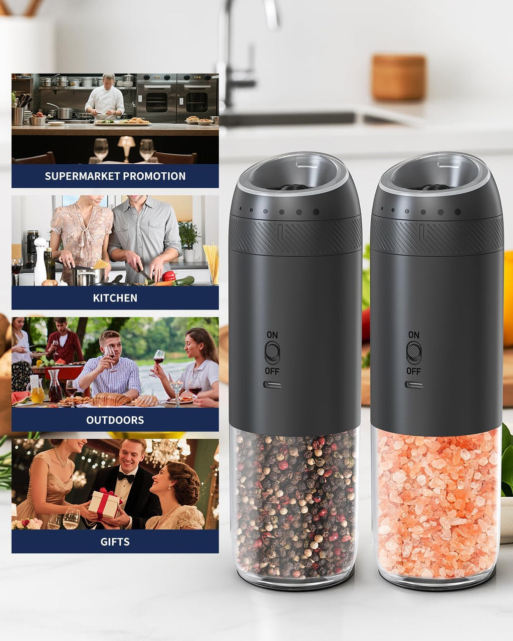 CIRCLE JOY Gravity Electric Salt and Pepper Grinder Set Automatic Salt and Pepper Grinder Set with LED Light, Battery Operated, Adjustable Coarseness, Large Capacity, for Home Kitchen BBQ, Black