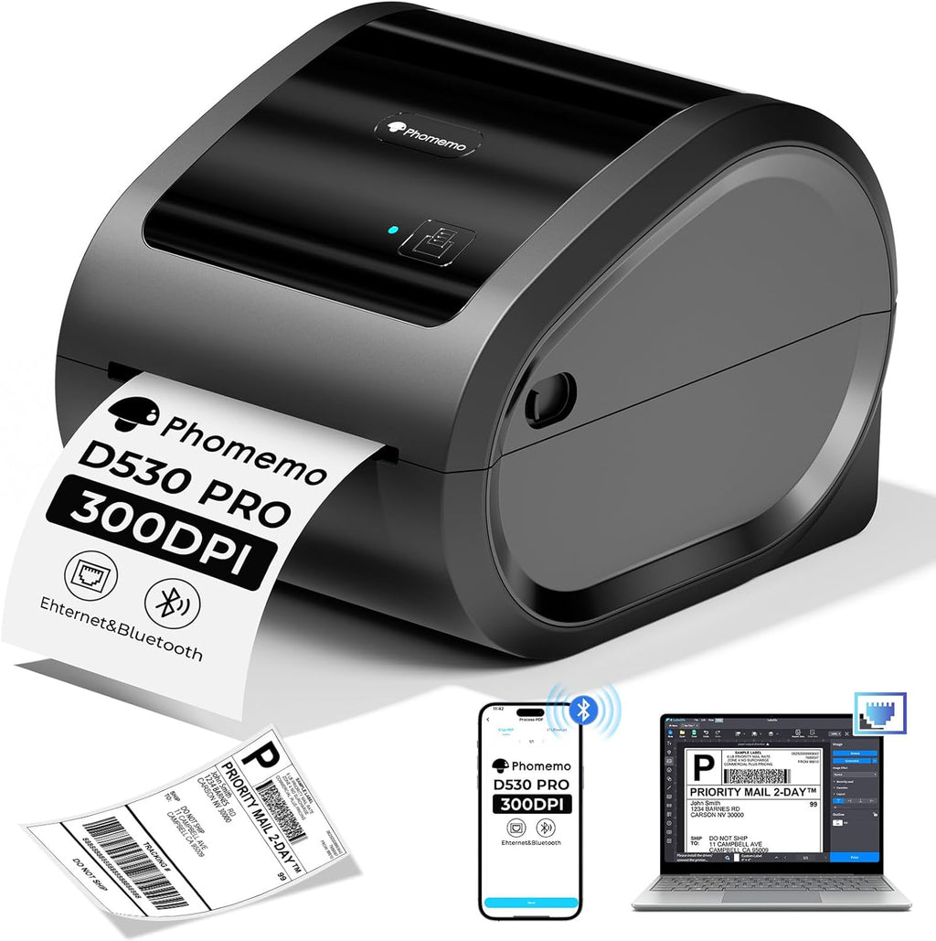 Phomemo Ethernet Thermal Label Printer 4x6, Bluetooth Shipping Label Printer for Small Business, Home, Office, 300DPI Wireless Thermal Printers Compatible with Ethernet/Bluetooth/USB, Etsy, USPS