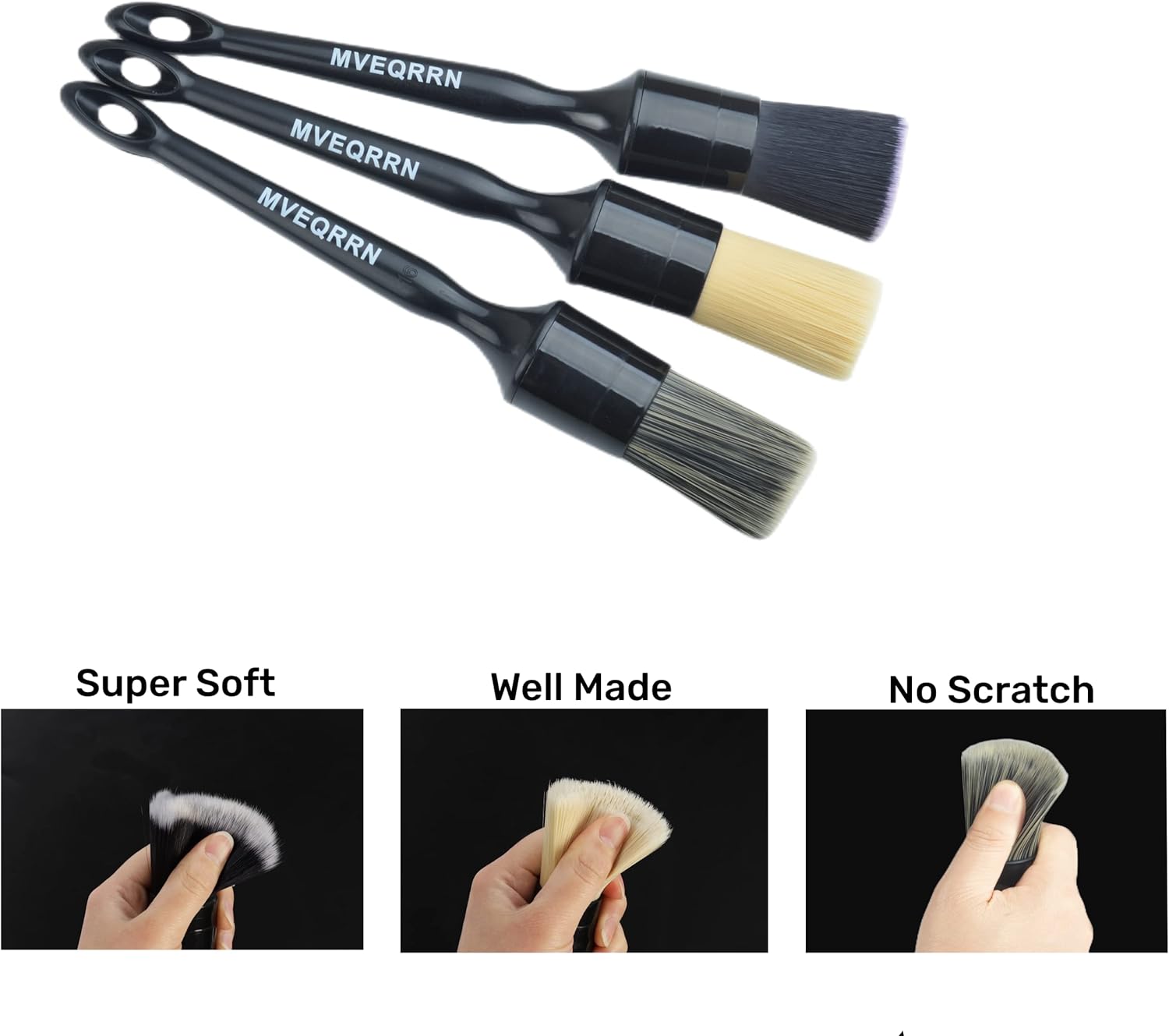 MVEQRRN 6pcs Car Detailing Brush Set - 2pcs Boar's Hair Car Detailing Brushes, 2pcs Ultra Soft No Scratch Detailing Brushes for Air Vent, Leather Seat, 2pcs Detail Brushes Car Detailing for Interior Exterior