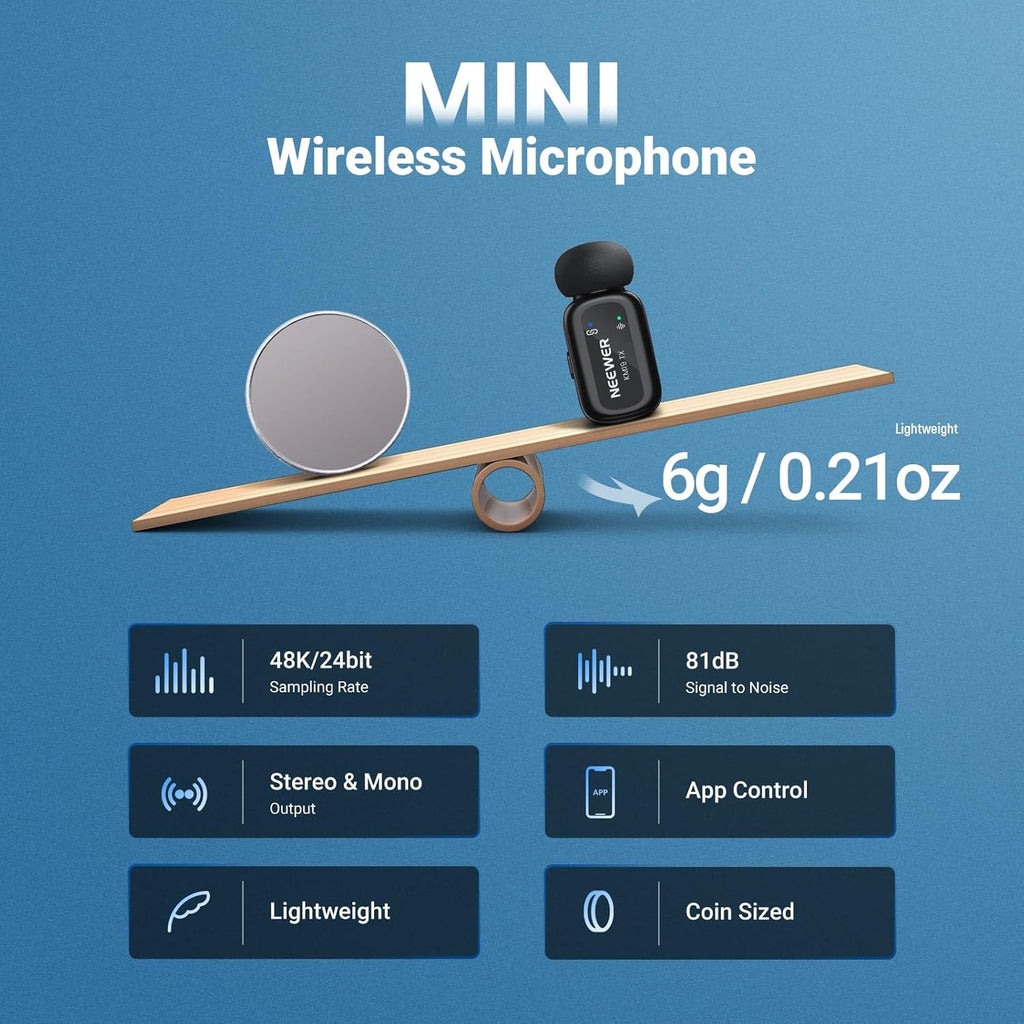 NEEWER KM19 Lightweight Wireless Lavalier Microphone, 48kHz/24bit 30H Battery 3-Level Noise Cancelling Mute Stereo 100m Range Mini Lav Mic with App Control, Compatible with iPhone Android Phone PC