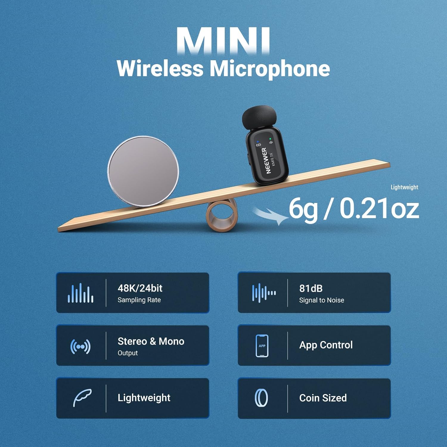 NEEWER KM19 Lightweight Wireless Lavalier Microphone, 48kHz/24bit 30H Battery 3-Level Noise Cancelling Mute Stereo 100m Range Mini Lav Mic with App Control, Compatible with iPhone Android Phone PC