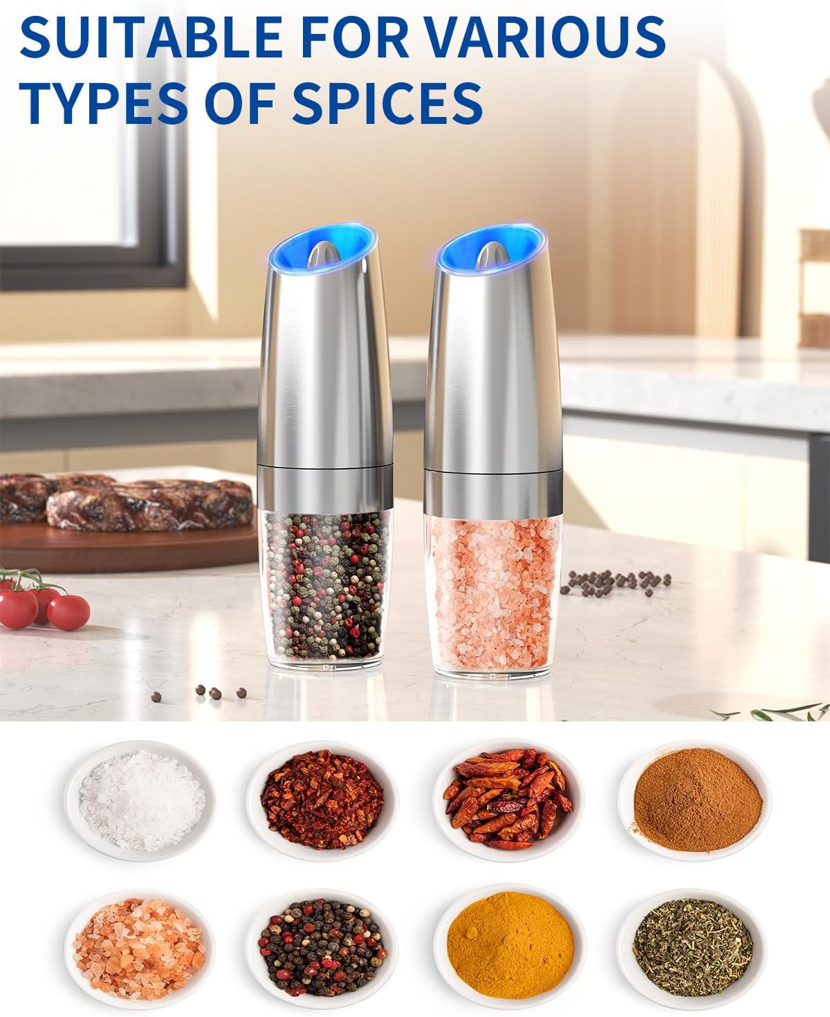 CIRCLE JOY Gravity Electric Salt and Pepper Grinder Set Automatic Salt and Pepper Grinder Set with LED Light, Battery Operated, Adjustable Coarseness, Large Capacity, for Home Kitchen BBQ, Black