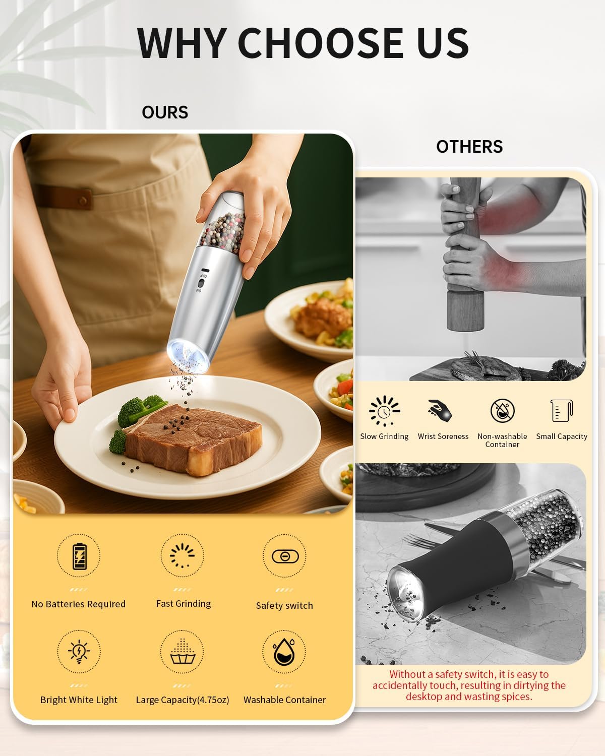 CIRCLE JOY Gravity Electric Salt and Pepper Grinder Set Automatic Salt and Pepper Grinder Set with LED Light, Battery Operated, Adjustable Coarseness, Large Capacity, for Home Kitchen BBQ, Black