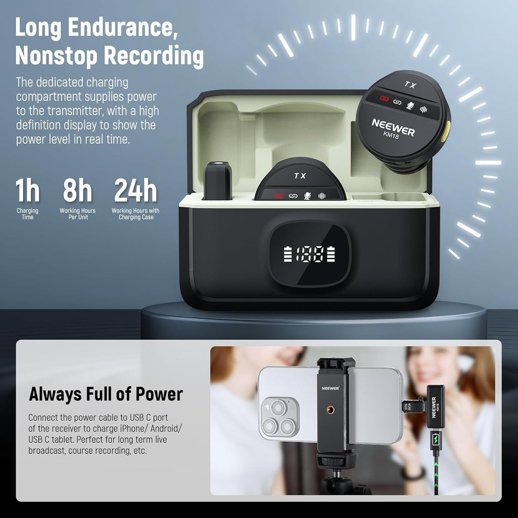 NEEWER KM19 Lightweight Wireless Lavalier Microphone, 48kHz/24bit 30H Battery 3-Level Noise Cancelling Mute Stereo 100m Range Mini Lav Mic with App Control, Compatible with iPhone Android Phone PC