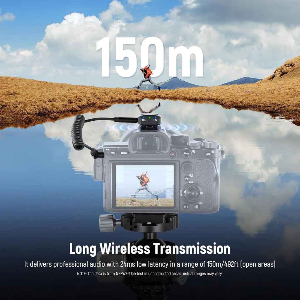 NEEWER KM19 Lightweight Wireless Lavalier Microphone, 48kHz/24bit 30H Battery 3-Level Noise Cancelling Mute Stereo 100m Range Mini Lav Mic with App Control, Compatible with iPhone Android Phone PC