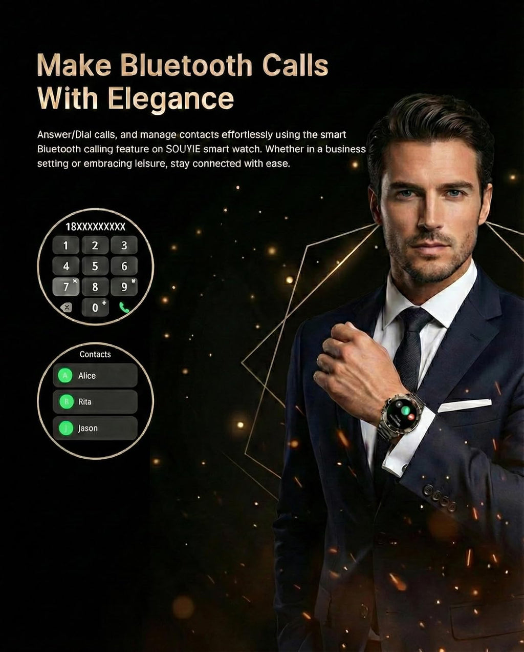 Smart Watch for Men Answer/Make Call for Android iPhone, 1.43" AMOLED HD Screen Men's Luxury Watch, 400mAh Heavy Duty Smartwatch Heart Rate Blood Oxygen Blood Pressure Sleep Monitor Pedometer, 2 Straps