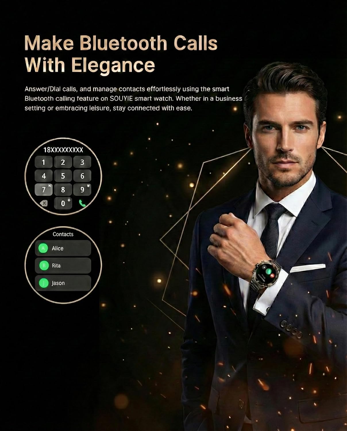 Smart Watch for Men Answer/Make Call for Android iPhone, 1.43" AMOLED HD Screen Men's Luxury Watch, 400mAh Heavy Duty Smartwatch Heart Rate Blood Oxygen Blood Pressure Sleep Monitor Pedometer, 2 Straps