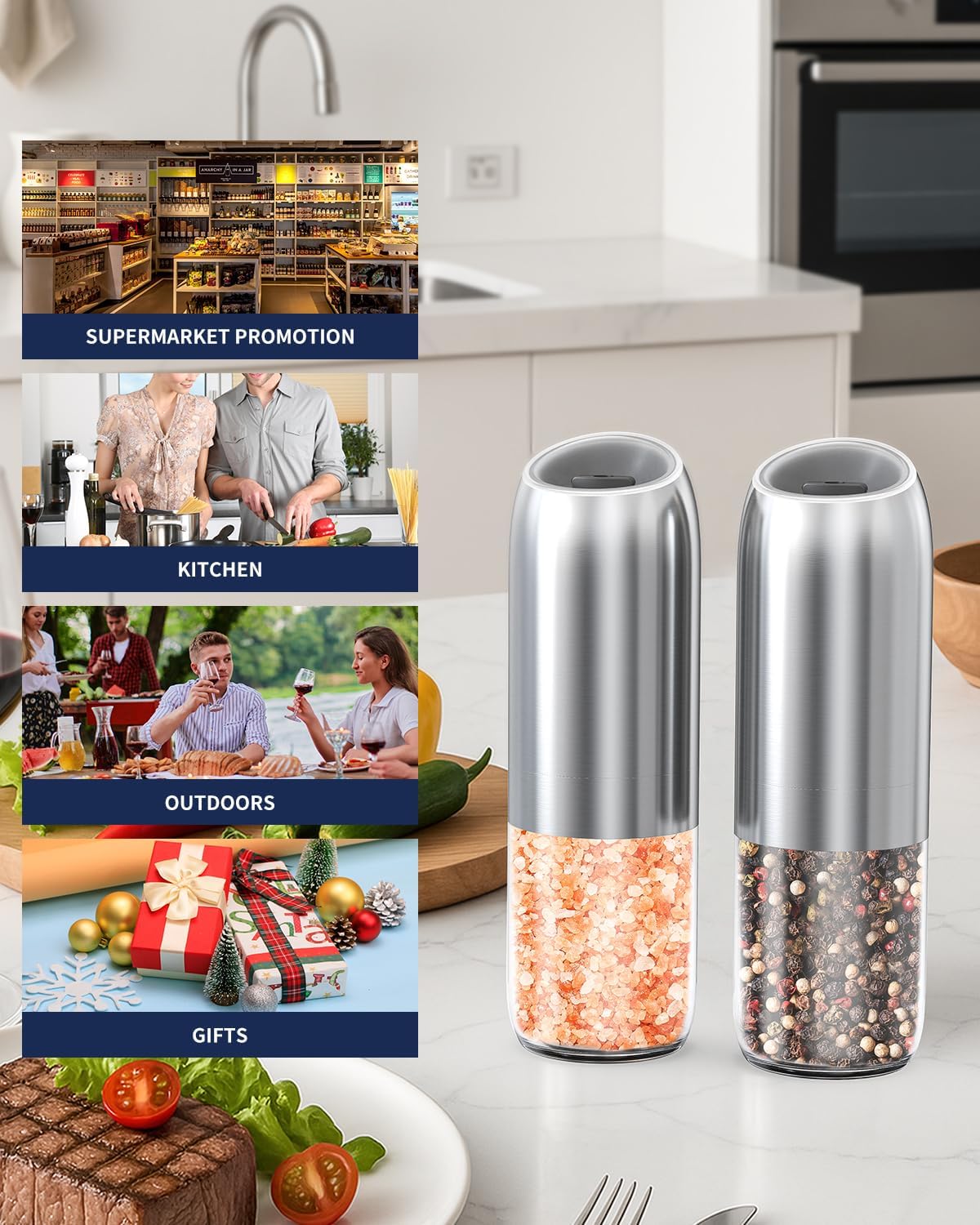 CIRCLE JOY Gravity Electric Salt and Pepper Grinder Set Automatic Salt and Pepper Grinder Set with LED Light, Battery Operated, Adjustable Coarseness, Large Capacity, for Home Kitchen BBQ, Black