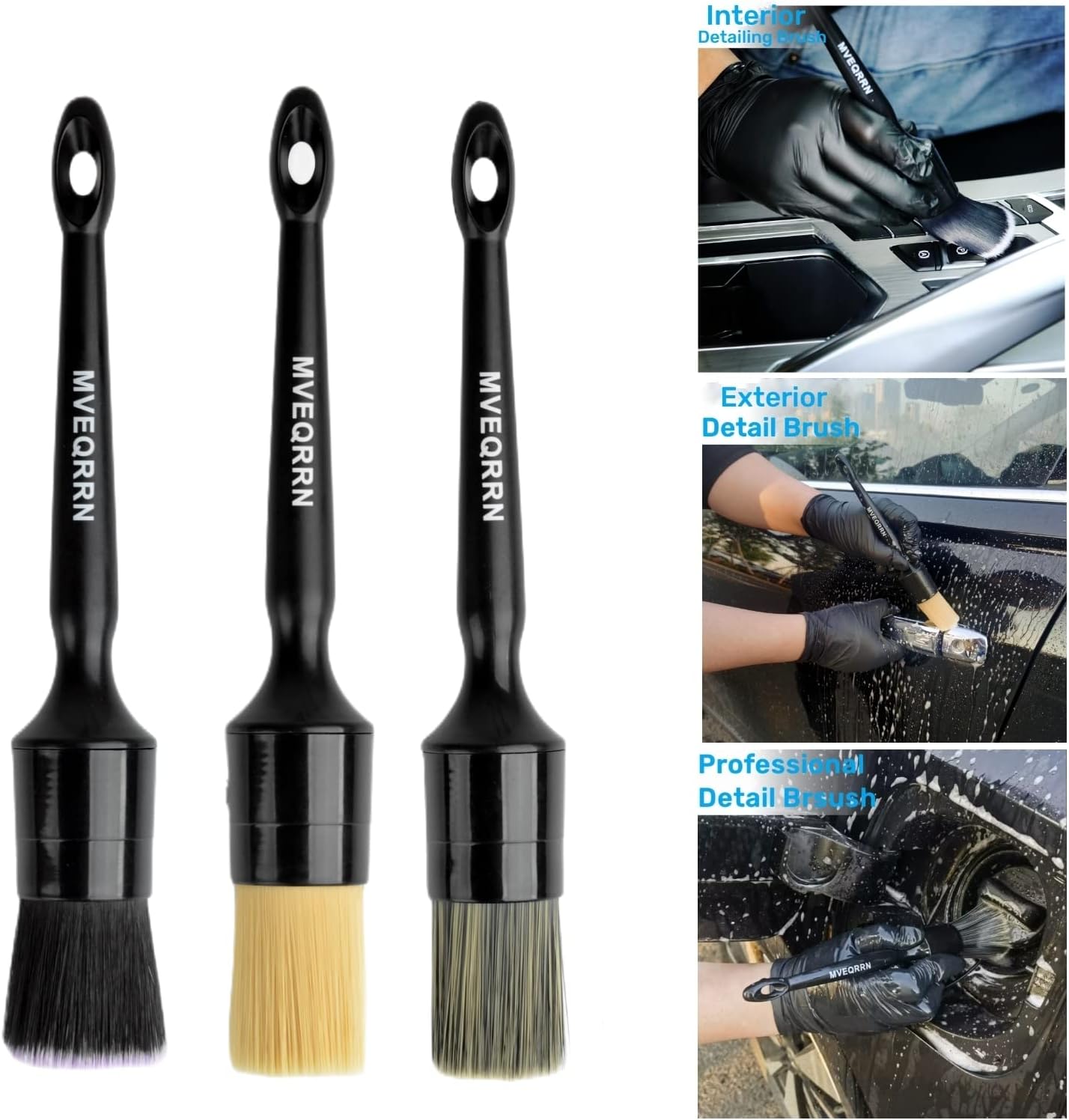 MVEQRRN 6pcs Car Detailing Brush Set - 2pcs Boar's Hair Car Detailing Brushes, 2pcs Ultra Soft No Scratch Detailing Brushes for Air Vent, Leather Seat, 2pcs Detail Brushes Car Detailing for Interior Exterior