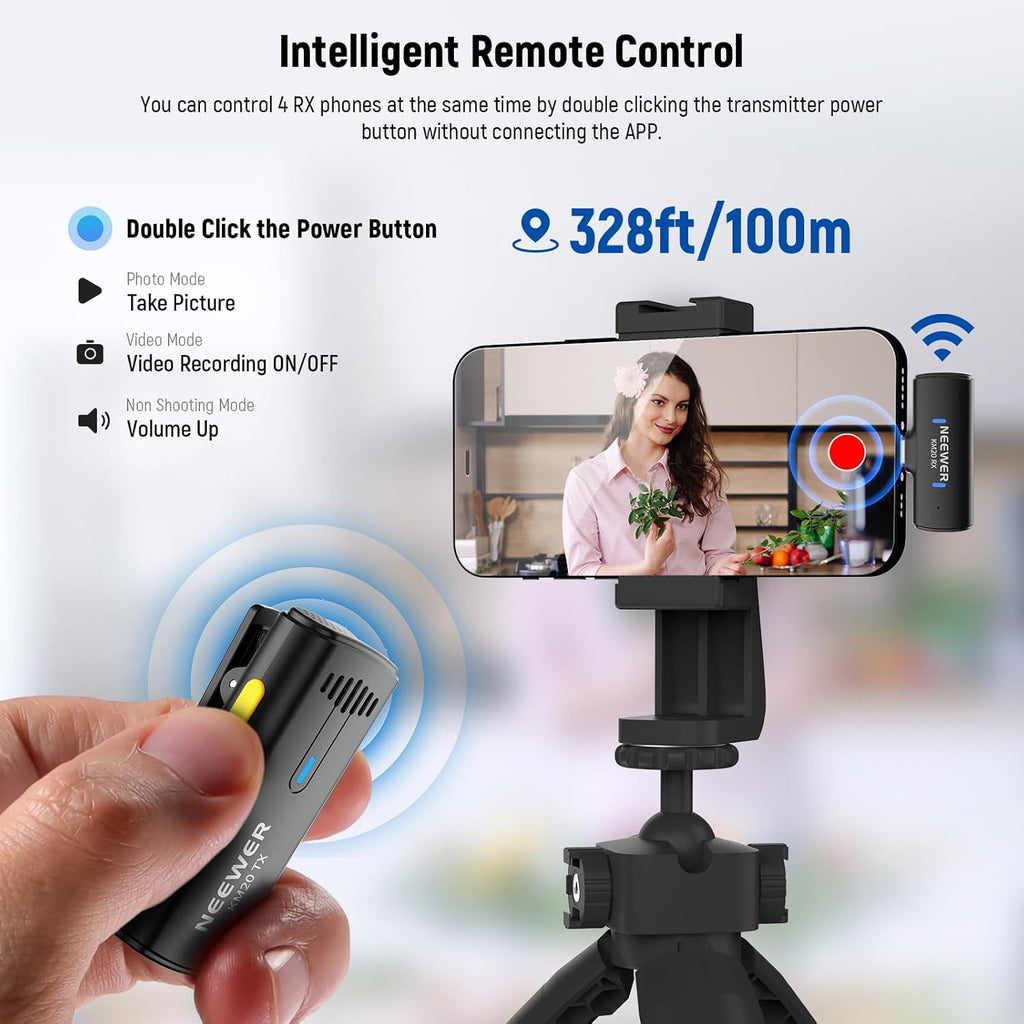 NEEWER KM19 Lightweight Wireless Lavalier Microphone, 48kHz/24bit 30H Battery 3-Level Noise Cancelling Mute Stereo 100m Range Mini Lav Mic with App Control, Compatible with iPhone Android Phone PC