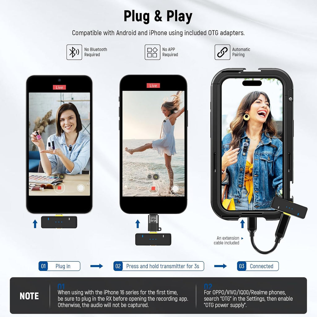 NEEWER KM19 Lightweight Wireless Lavalier Microphone, 48kHz/24bit 30H Battery 3-Level Noise Cancelling Mute Stereo 100m Range Mini Lav Mic with App Control, Compatible with iPhone Android Phone PC