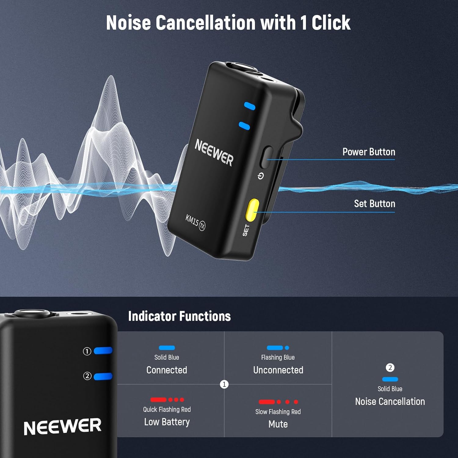NEEWER KM19 Lightweight Wireless Lavalier Microphone, 48kHz/24bit 30H Battery 3-Level Noise Cancelling Mute Stereo 100m Range Mini Lav Mic with App Control, Compatible with iPhone Android Phone PC