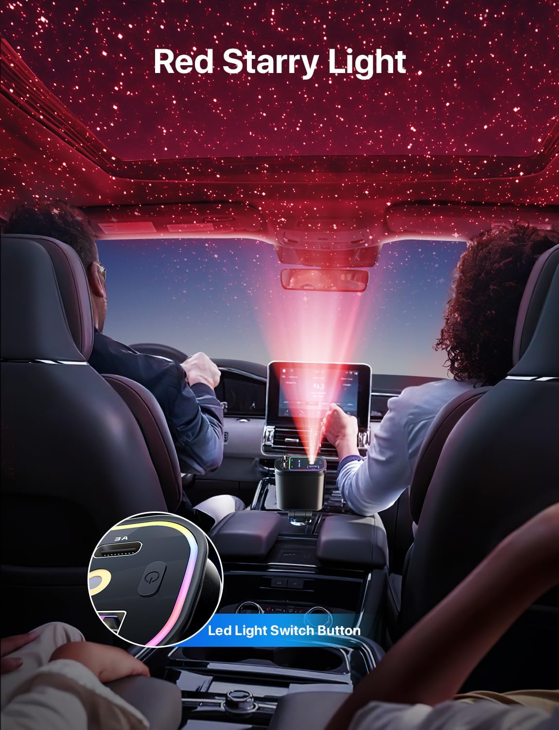 Retractable Car Charger with Starlight, 66W Starlight in Car Roof 4-in-1 Retractable Car Phone Charger Adapter, Fast Charging USB C Cable, Compatible with iPhone 17/16/15/14/13/12