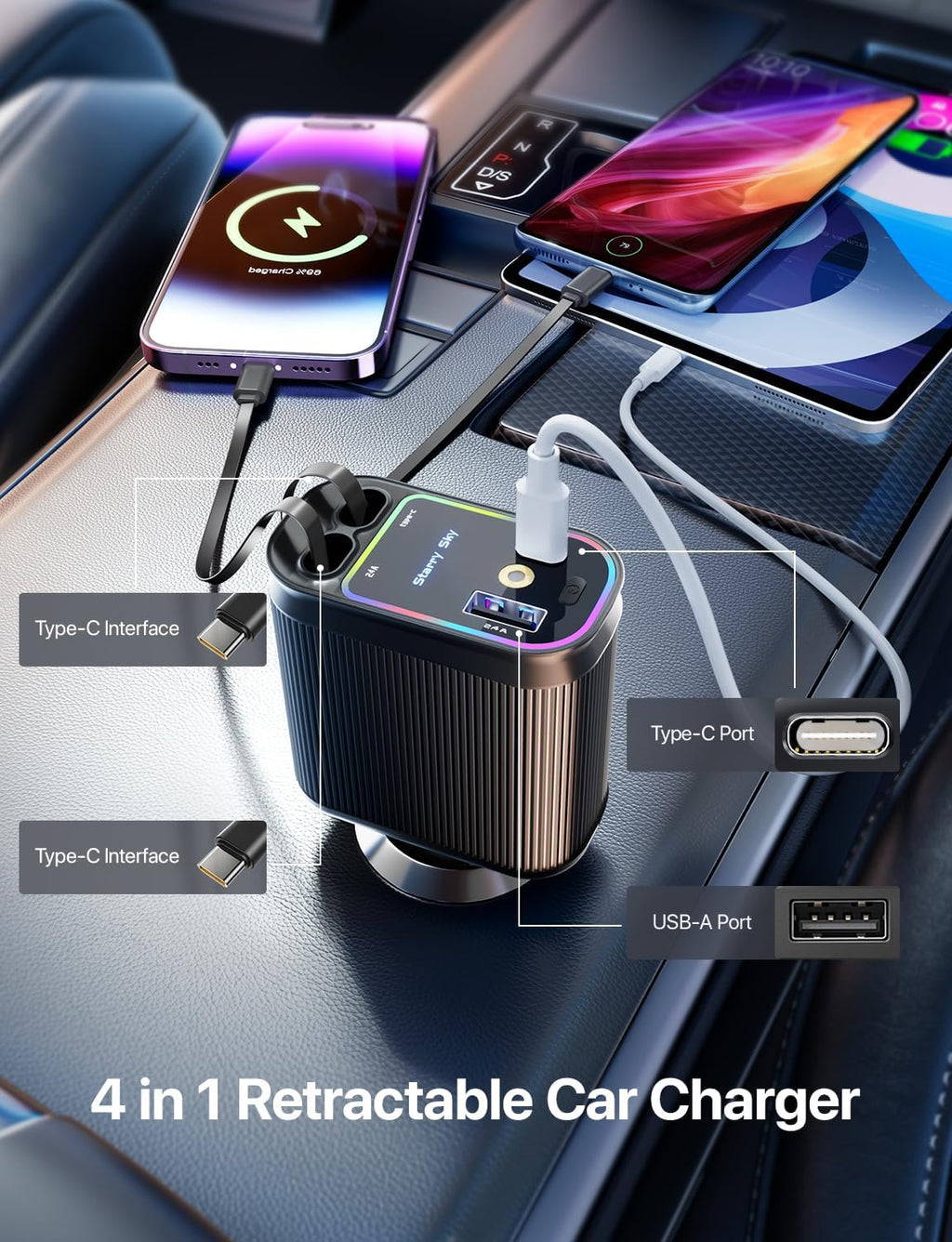 Retractable Car Charger with Starlight, 66W Starlight in Car Roof 4-in-1 Retractable Car Phone Charger Adapter, Fast Charging USB C Cable, Compatible with iPhone 17/16/15/14/13/12