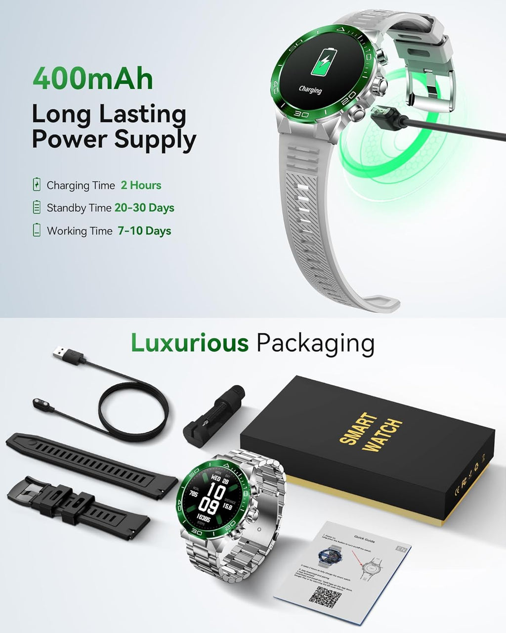 Smart Watch for Men Answer/Make Call for Android iPhone, 1.43" AMOLED HD Screen Men's Luxury Watch, 400mAh Heavy Duty Smartwatch Heart Rate Blood Oxygen Blood Pressure Sleep Monitor Pedometer, 2 Straps