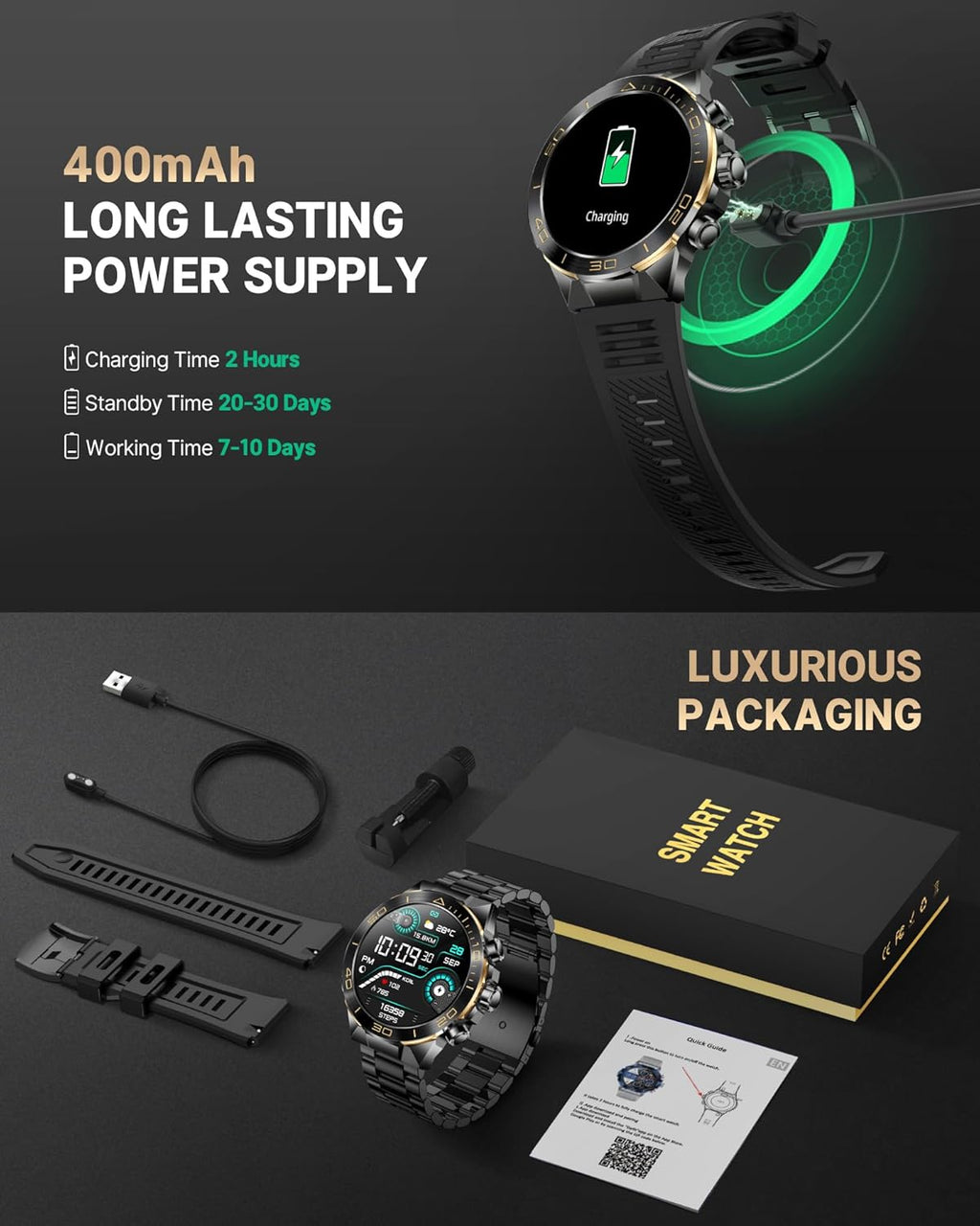 Smart Watch for Men Answer/Make Call for Android iPhone, 1.43" AMOLED HD Screen Men's Luxury Watch, 400mAh Heavy Duty Smartwatch Heart Rate Blood Oxygen Blood Pressure Sleep Monitor Pedometer, 2 Straps