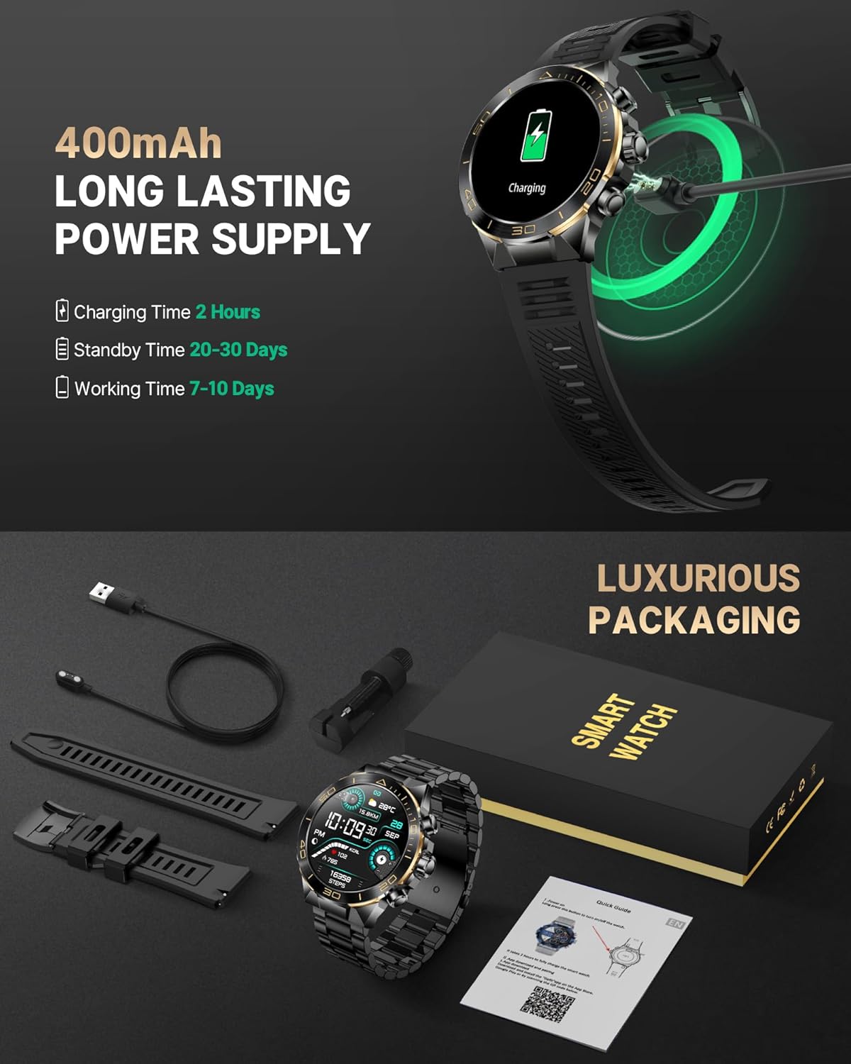 Smart Watch for Men Answer/Make Call for Android iPhone, 1.43" AMOLED HD Screen Men's Luxury Watch, 400mAh Heavy Duty Smartwatch Heart Rate Blood Oxygen Blood Pressure Sleep Monitor Pedometer, 2 Straps