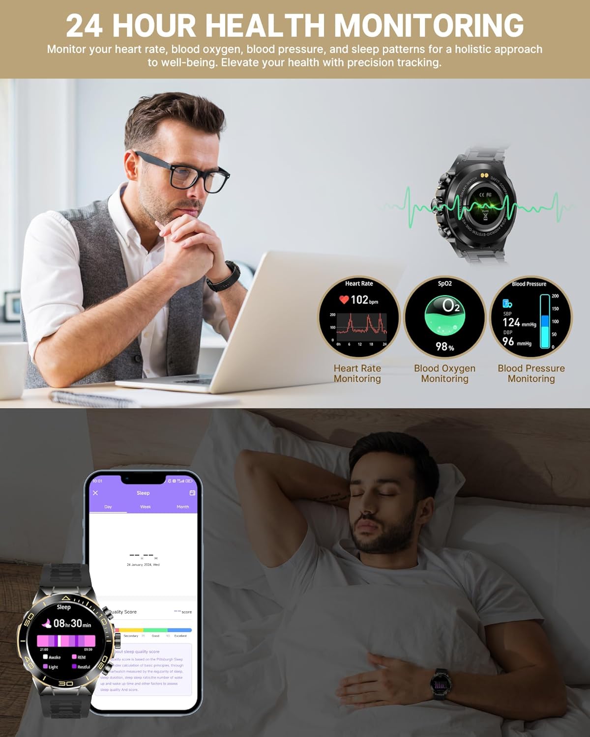 Smart Watch for Men Answer/Make Call for Android iPhone, 1.43" AMOLED HD Screen Men's Luxury Watch, 400mAh Heavy Duty Smartwatch Heart Rate Blood Oxygen Blood Pressure Sleep Monitor Pedometer, 2 Straps