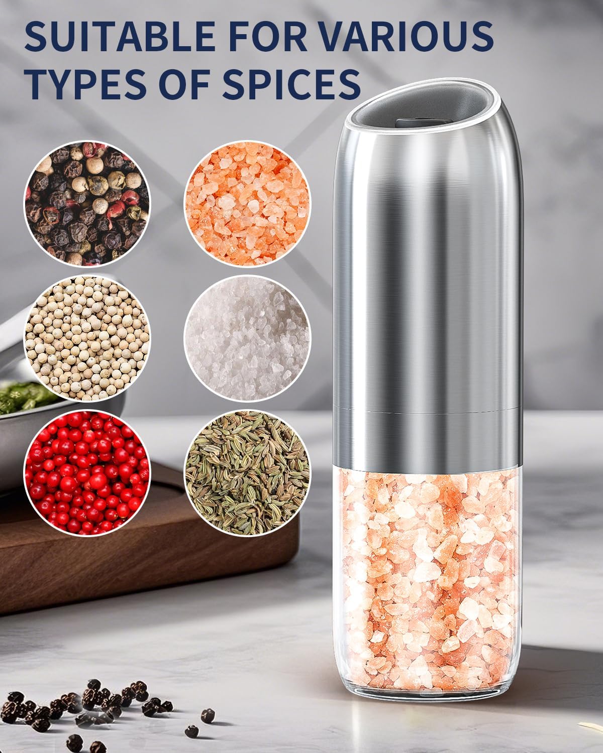 CIRCLE JOY Gravity Electric Salt and Pepper Grinder Set Automatic Salt and Pepper Grinder Set with LED Light, Battery Operated, Adjustable Coarseness, Large Capacity, for Home Kitchen BBQ, Black