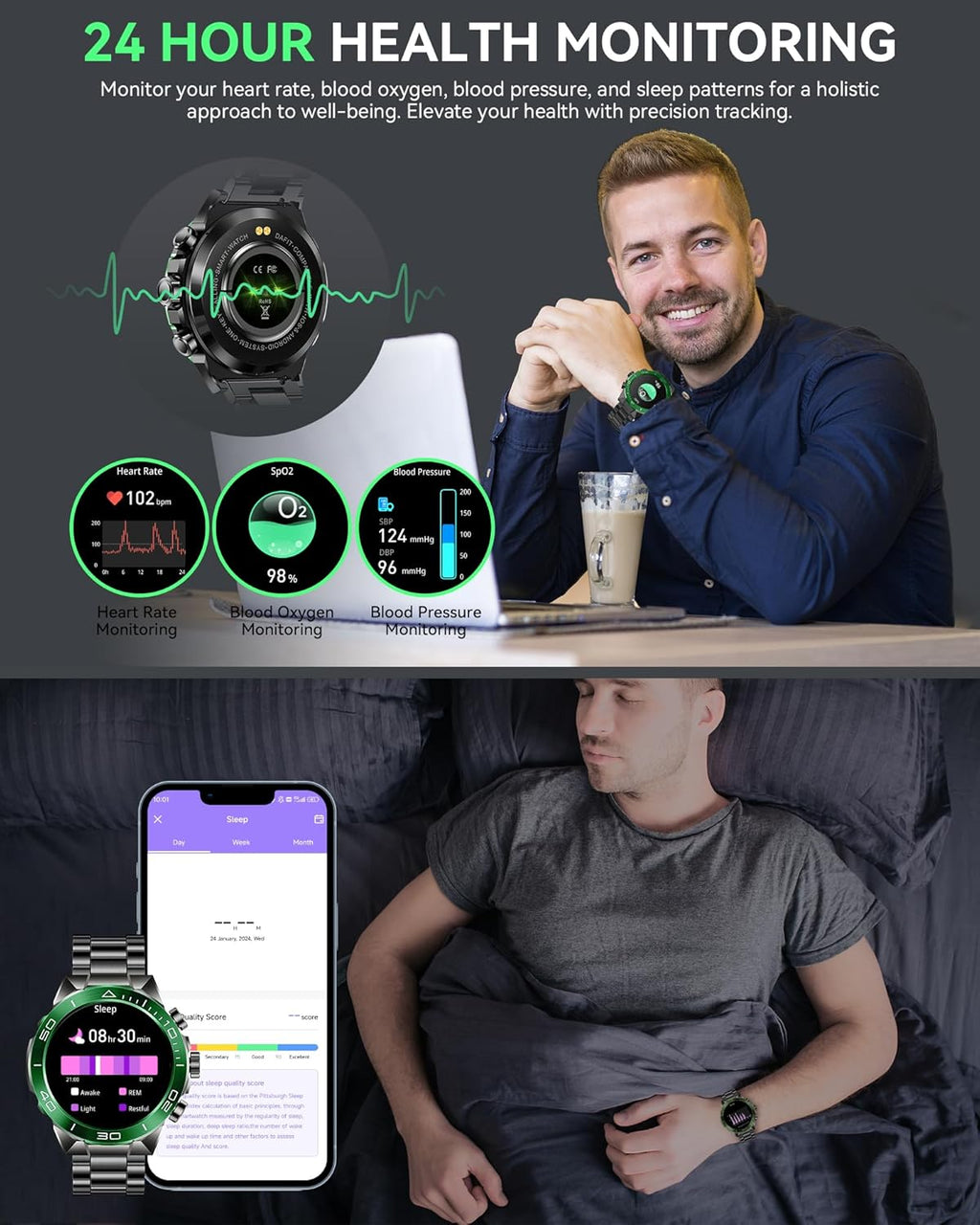 Smart Watch for Men Answer/Make Call for Android iPhone, 1.43" AMOLED HD Screen Men's Luxury Watch, 400mAh Heavy Duty Smartwatch Heart Rate Blood Oxygen Blood Pressure Sleep Monitor Pedometer, 2 Straps