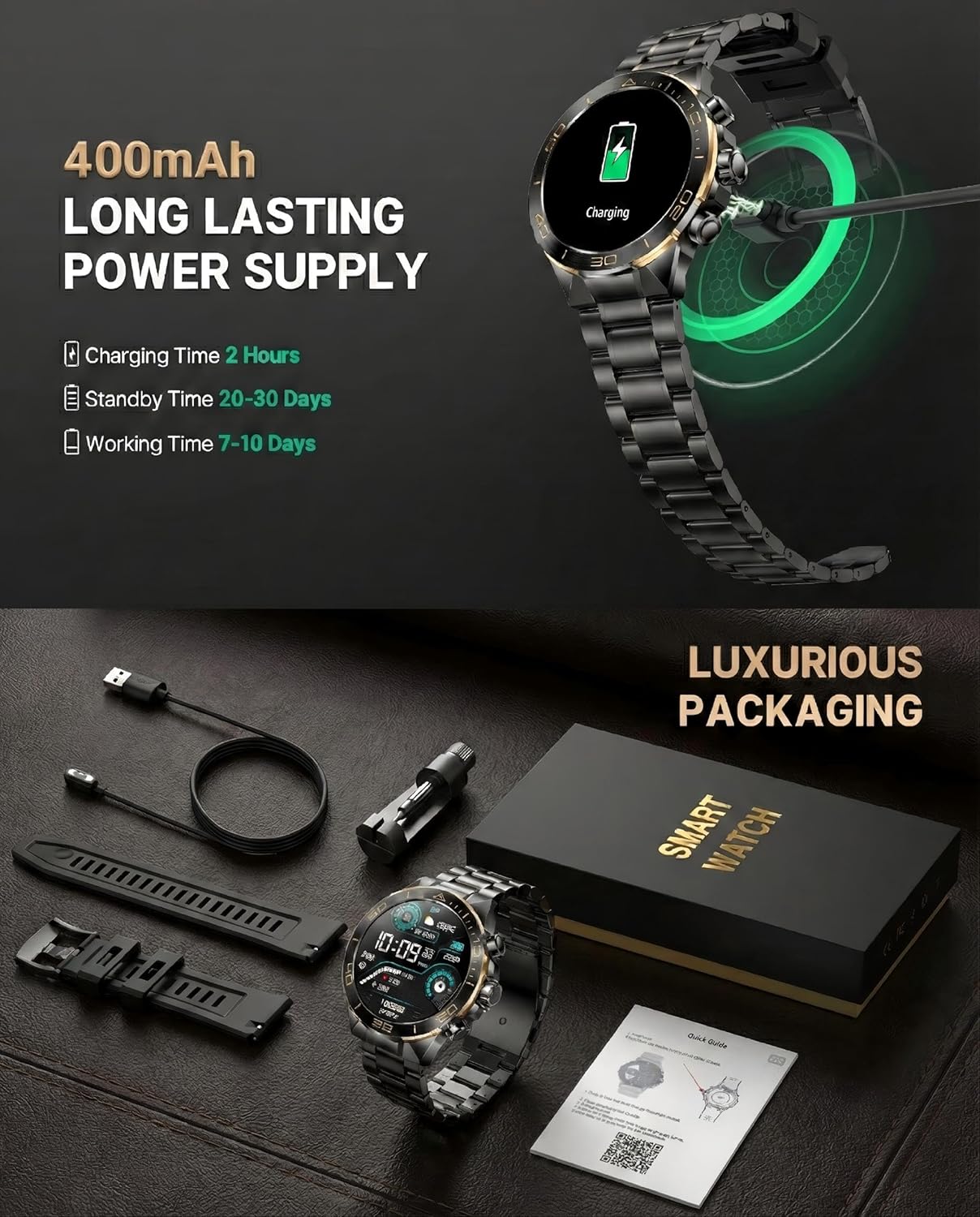 Smart Watch for Men Answer/Make Call for Android iPhone, 1.43" AMOLED HD Screen Men's Luxury Watch, 400mAh Heavy Duty Smartwatch Heart Rate Blood Oxygen Blood Pressure Sleep Monitor Pedometer, 2 Straps